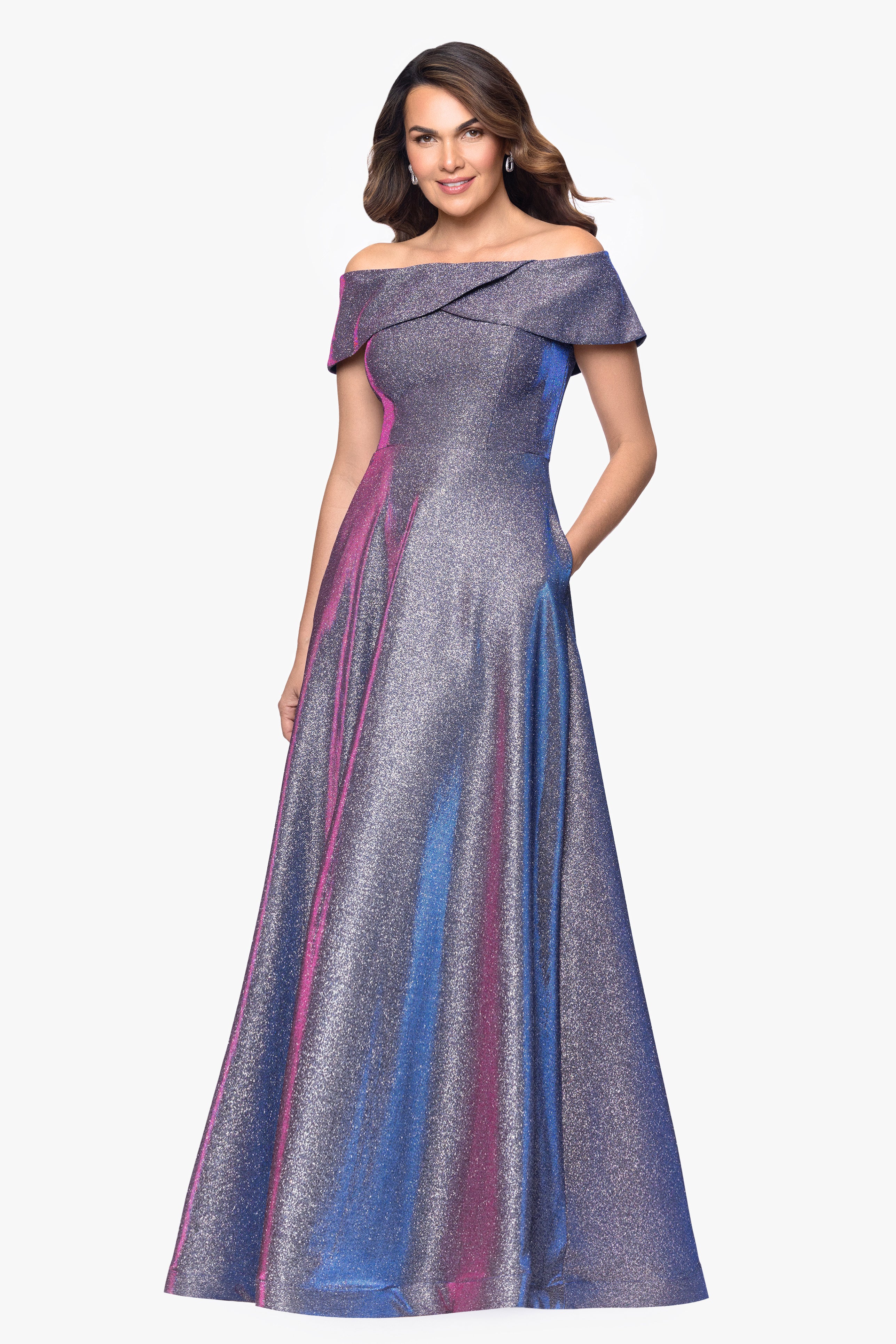 "Kendra" Galaxy Glitter Off the Shoulder Floor Length Gown