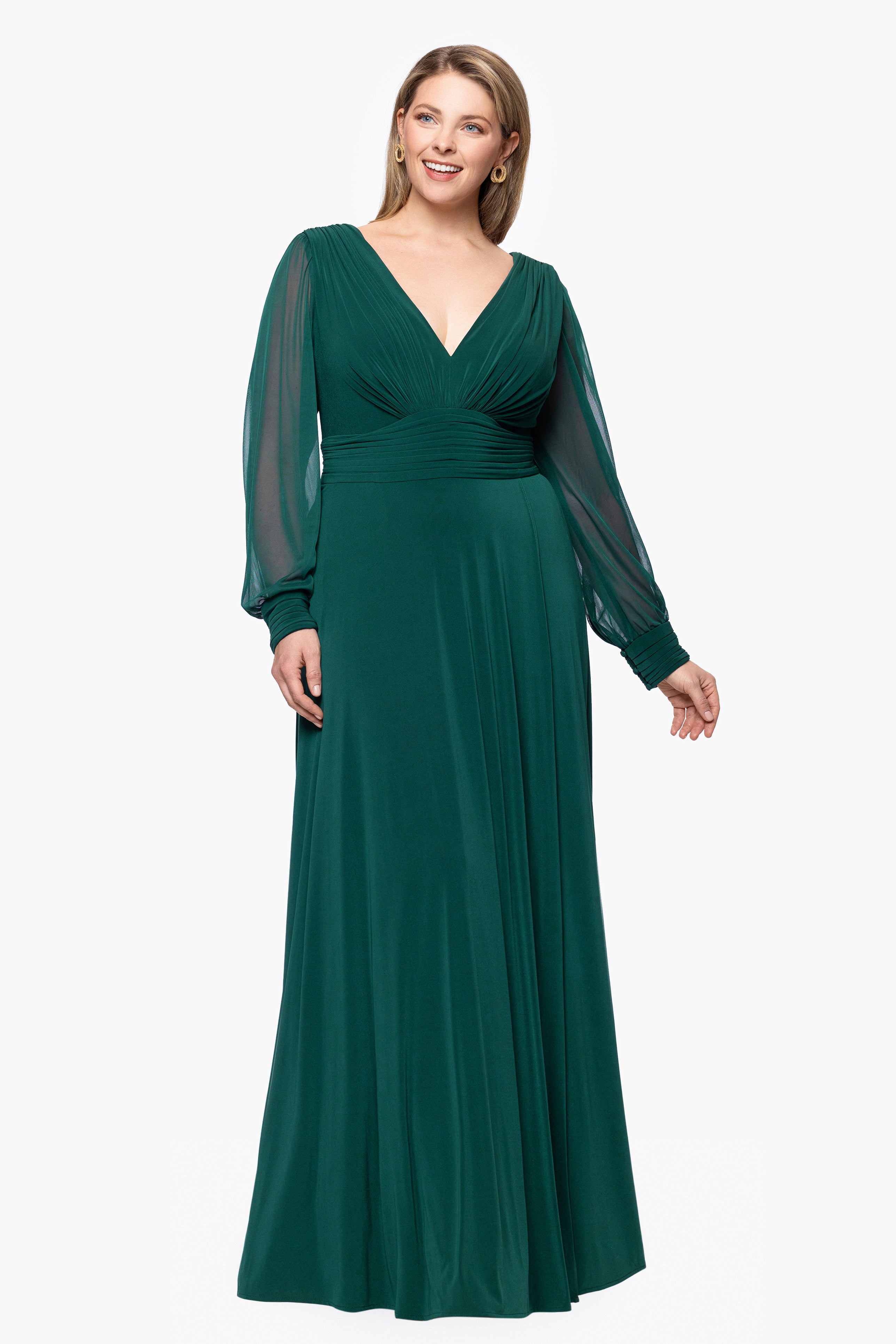 Plus "Jalissa" Jersey Knit Long Sleeve V-Neck Floor Length Dress