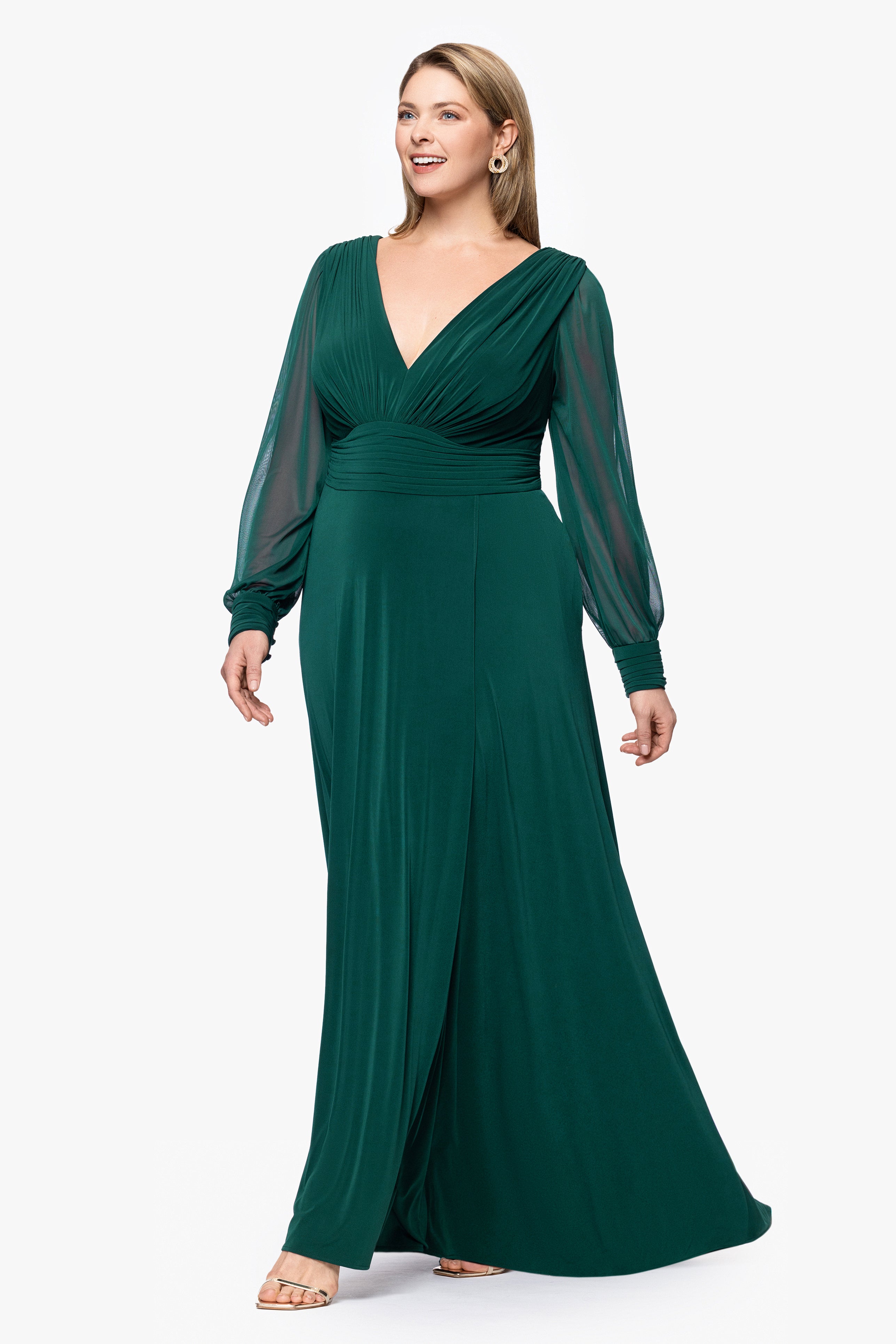 Plus "Jalissa" Jersey Knit Long Sleeve V-Neck Floor Length Dress