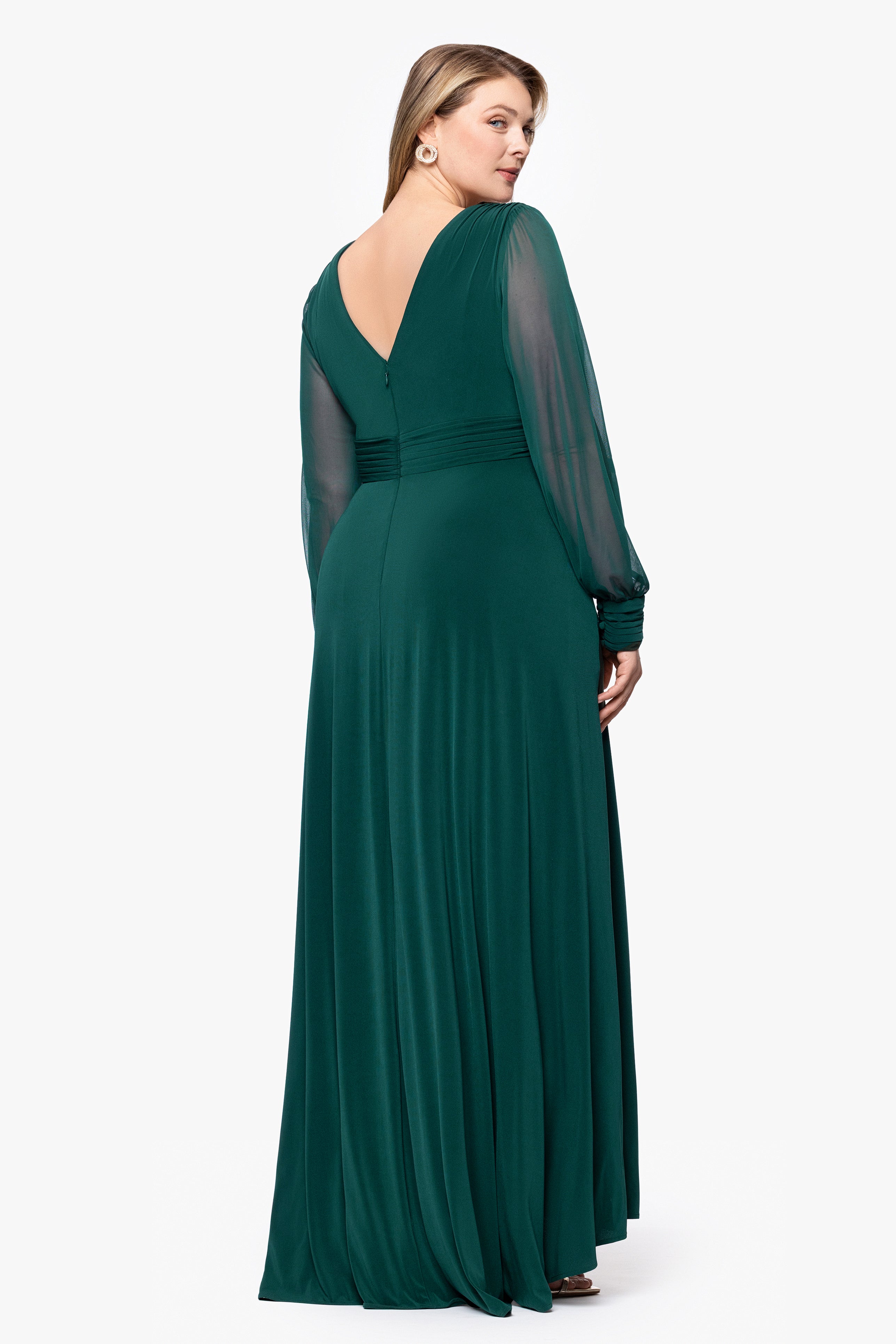 Plus "Jalissa" Jersey Knit Long Sleeve V-Neck Floor Length Dress