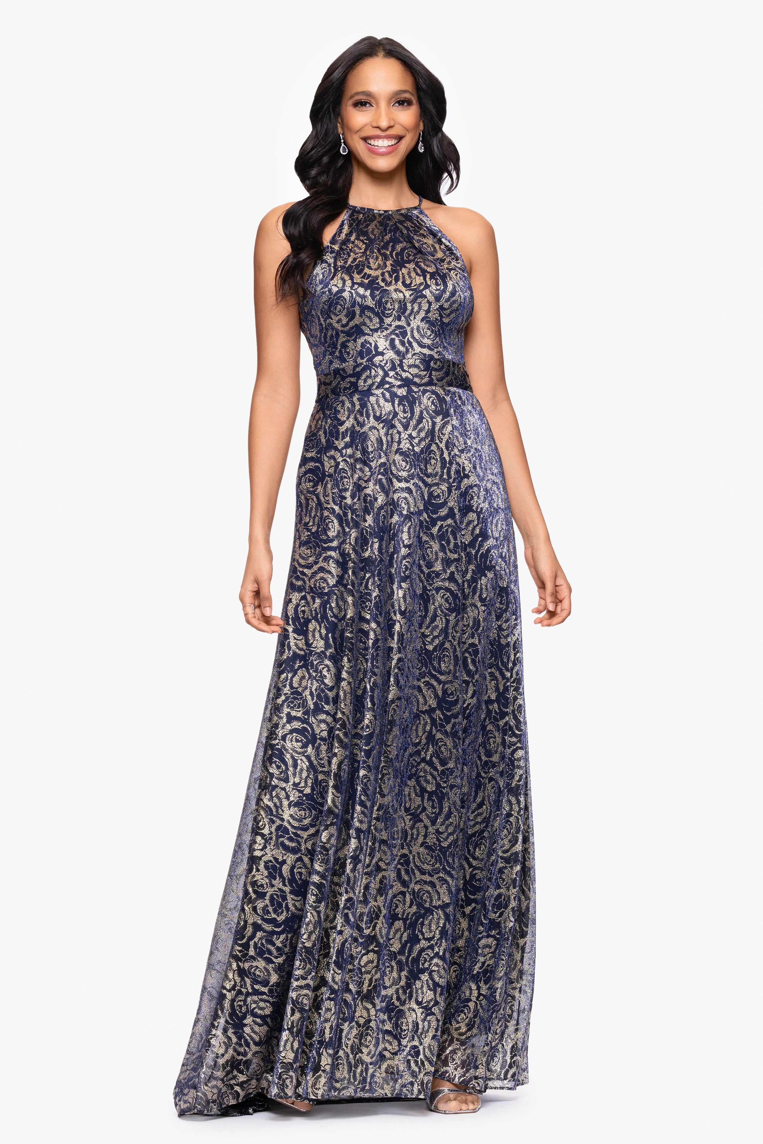 "Shelley" Metallic Foil Halter Neck Floor Length Dress