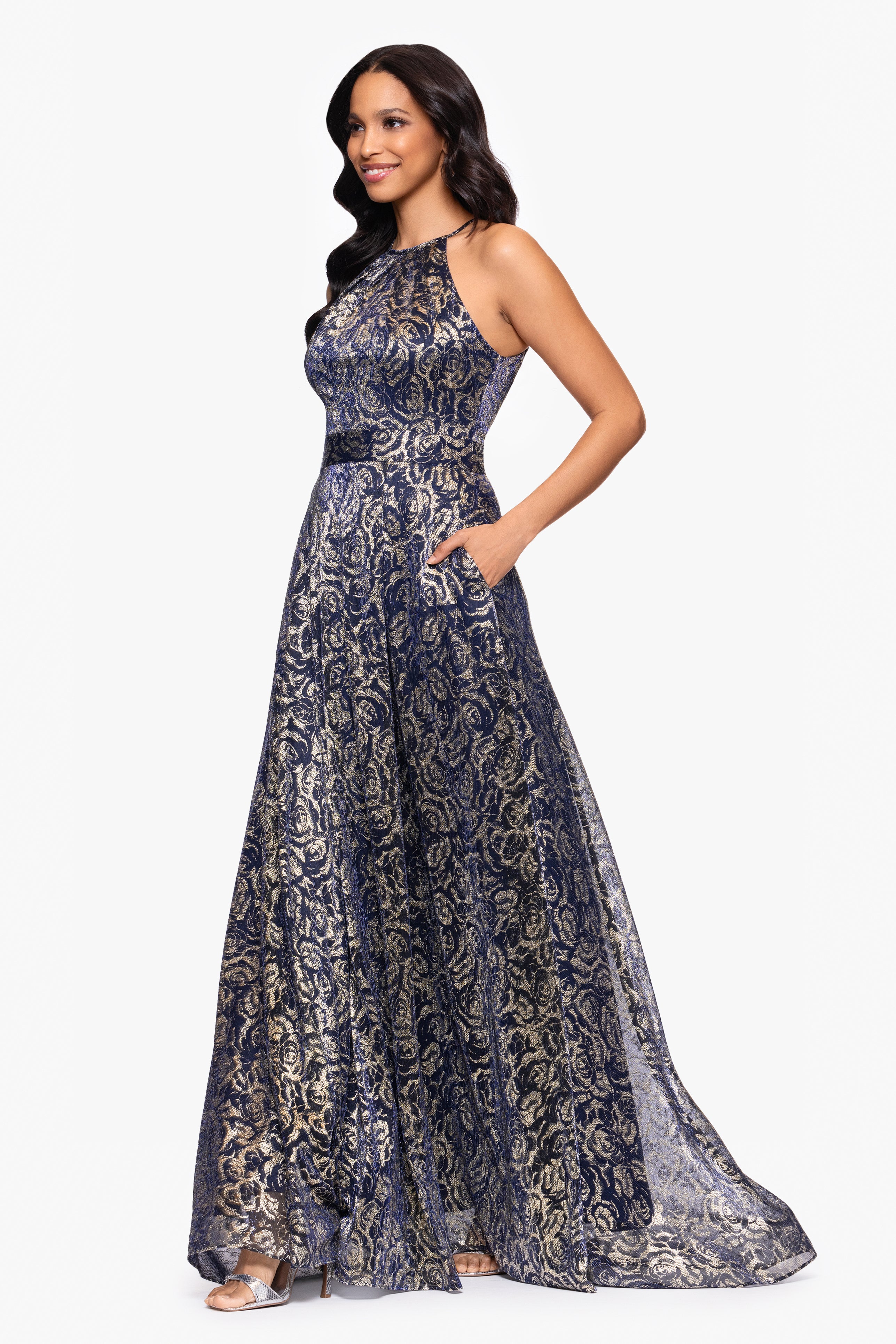 "Shelley" Metallic Foil Halter Neck Floor Length Dress