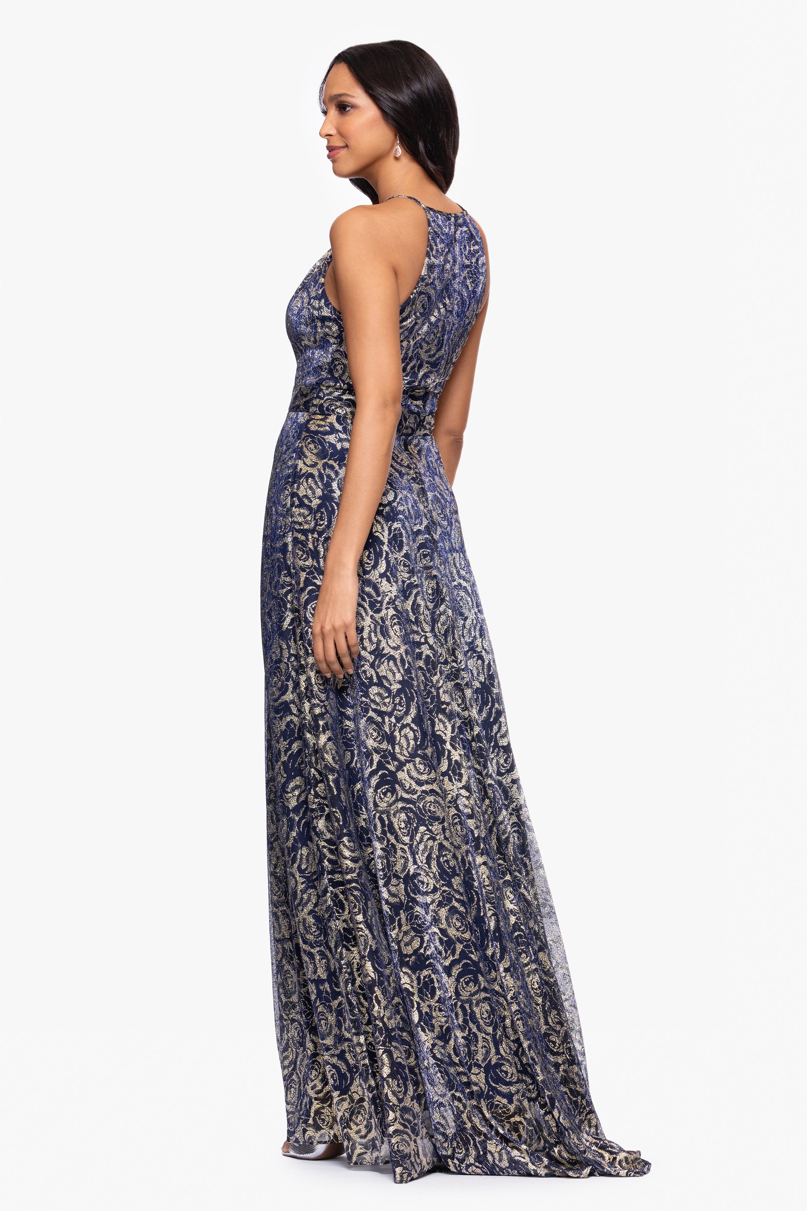 "Shelley" Metallic Foil Halter Neck Floor Length Dress