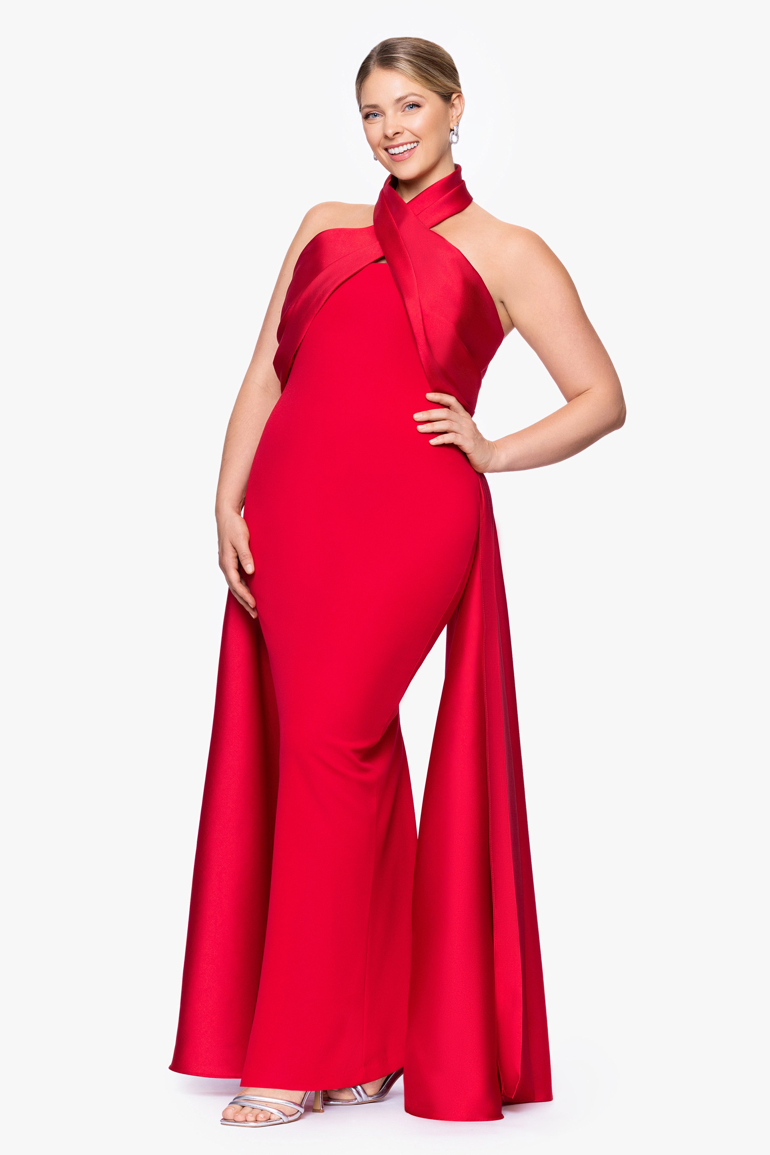 "Dina" Scuba Crepe Twist Halter Neck Floor Length Gown