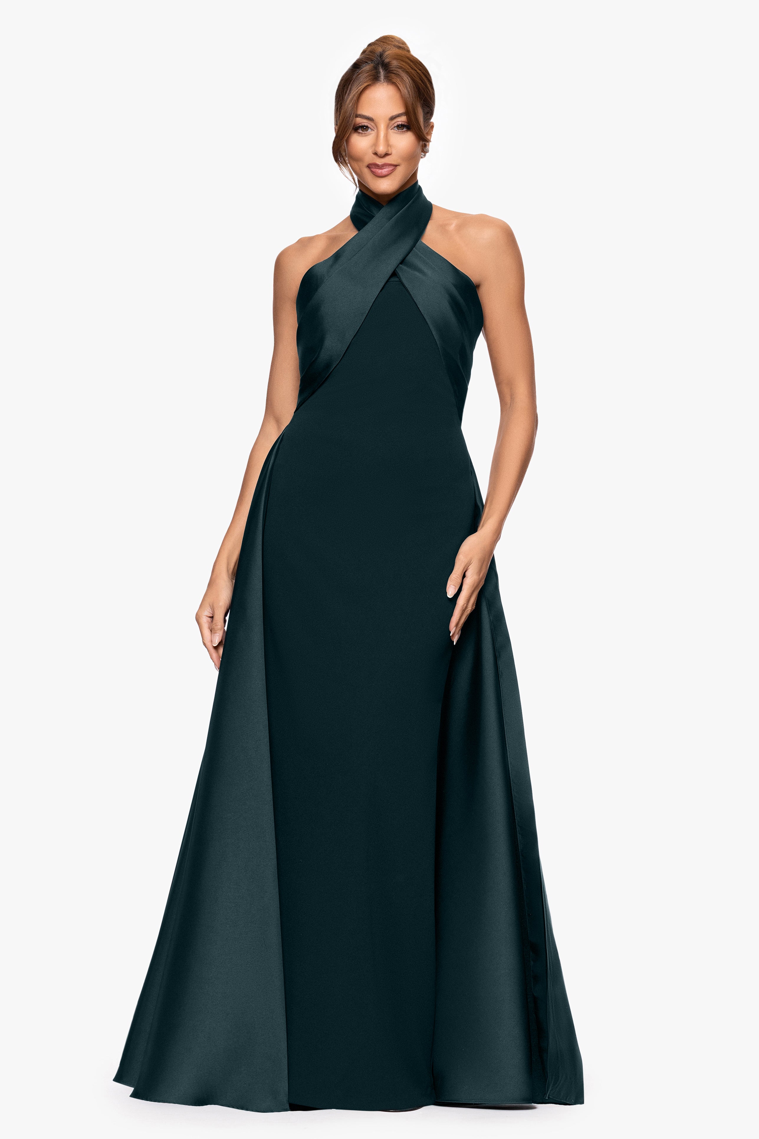 "Dina" Scuba Crepe Twist Halter Neck Floor Length Gown