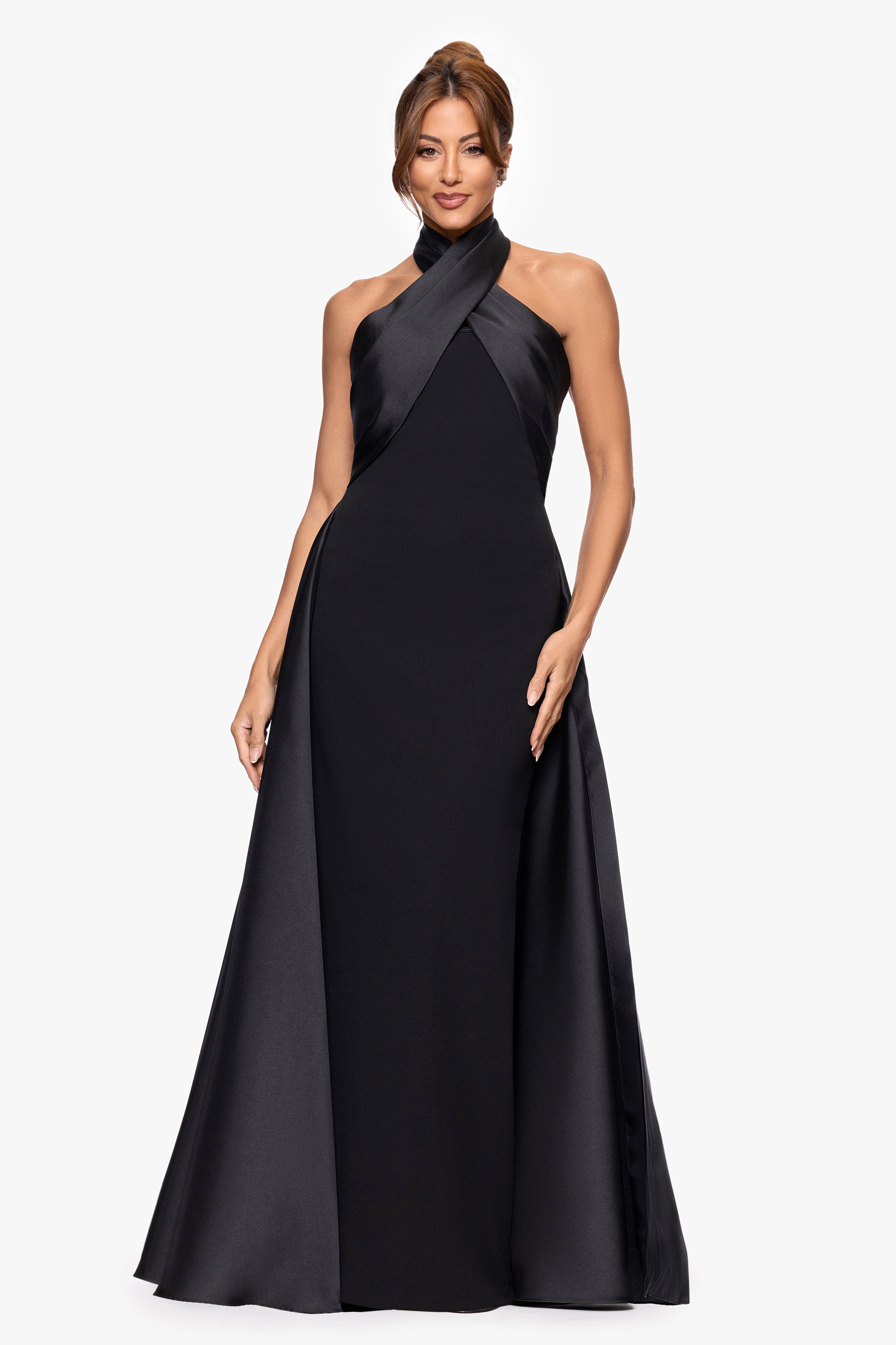 "Dina" Scuba Crepe Twist Halter Neck Floor Length Gown