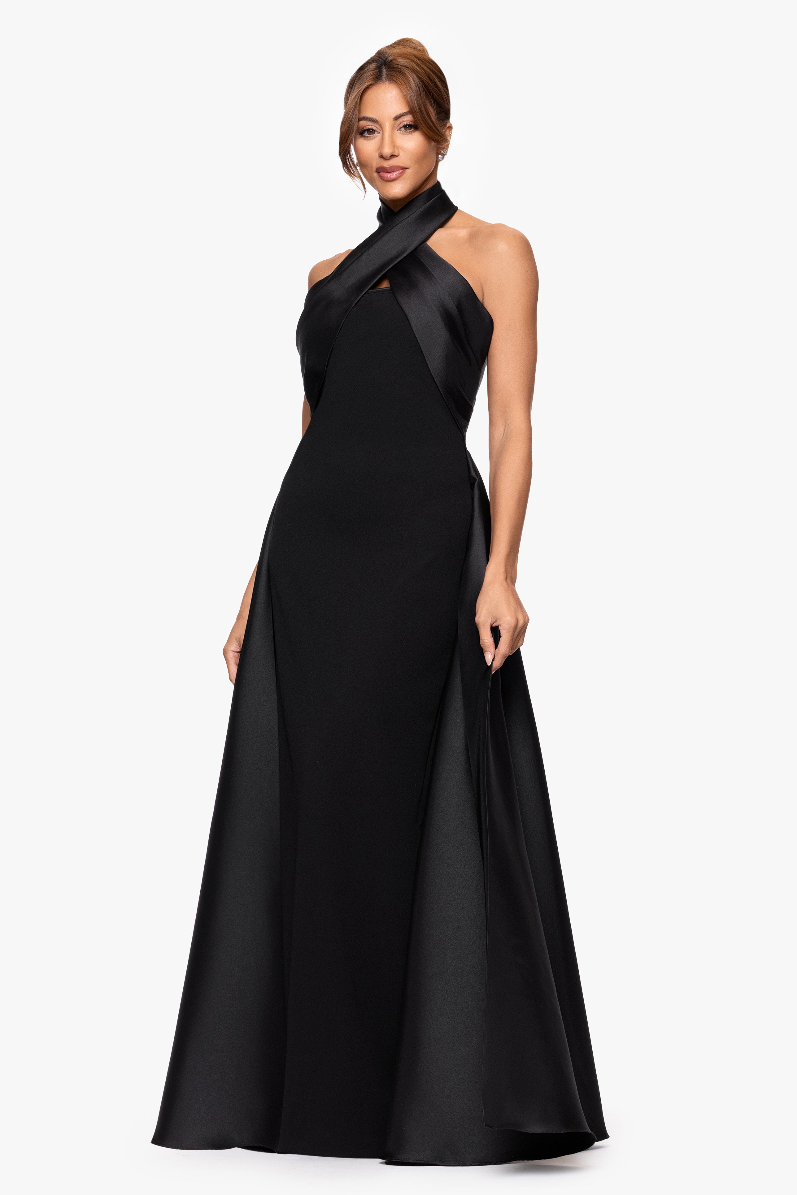 "Dina" Scuba Crepe Twist Halter Neck Floor Length Gown