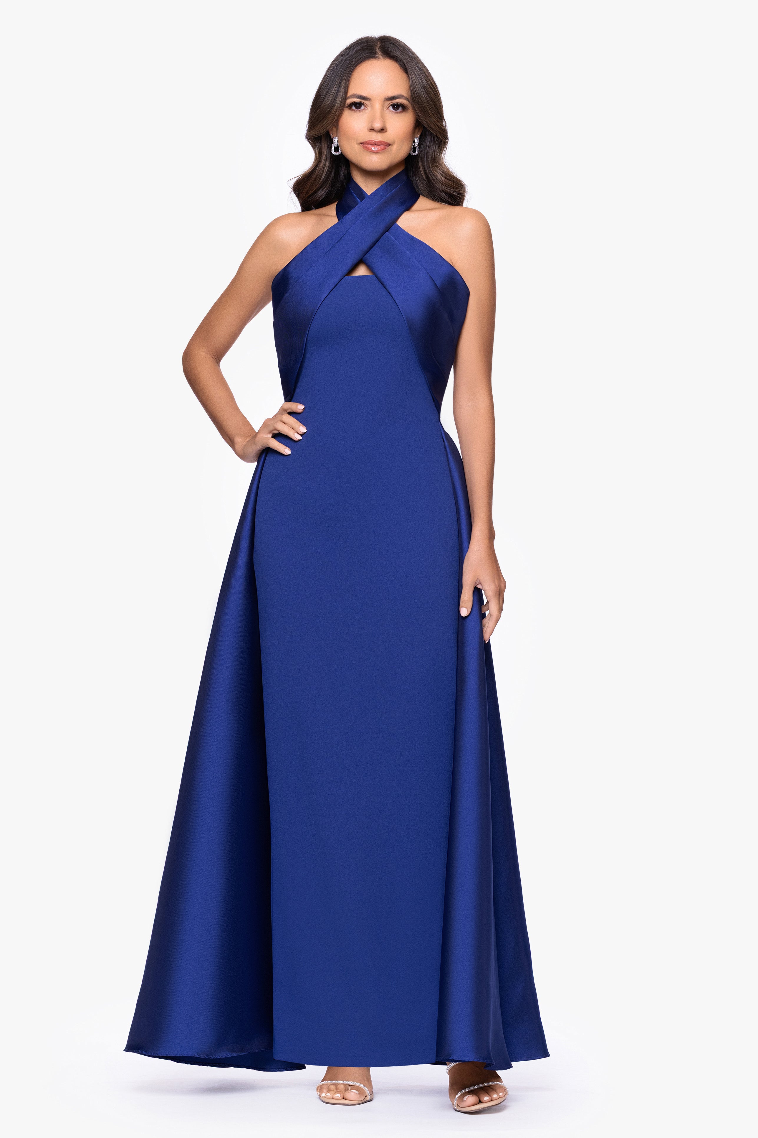 "Dina" Scuba Crepe Twist Halter Neck Floor Length Gown