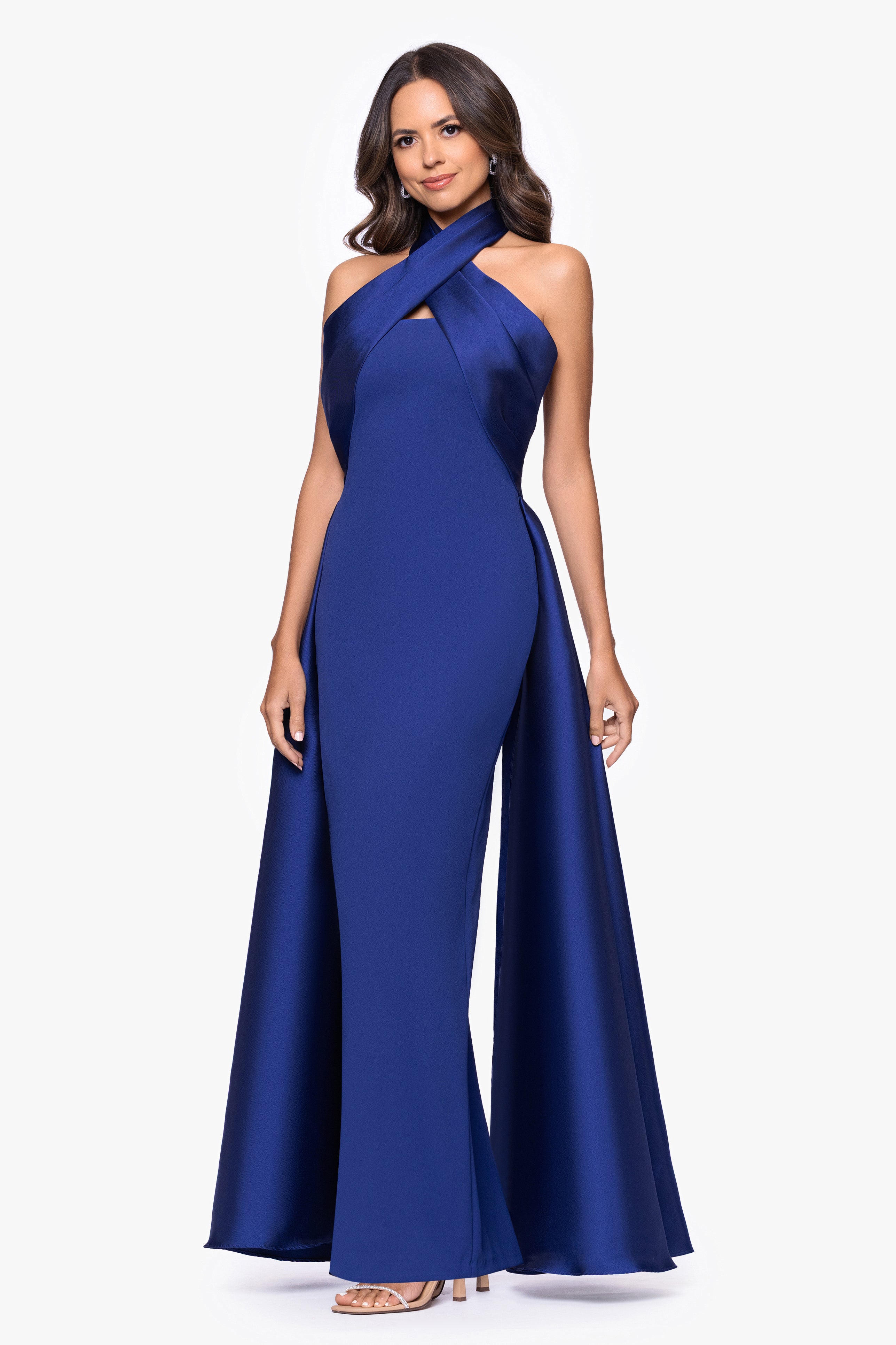 "Dina" Scuba Crepe Twist Halter Neck Floor Length Gown