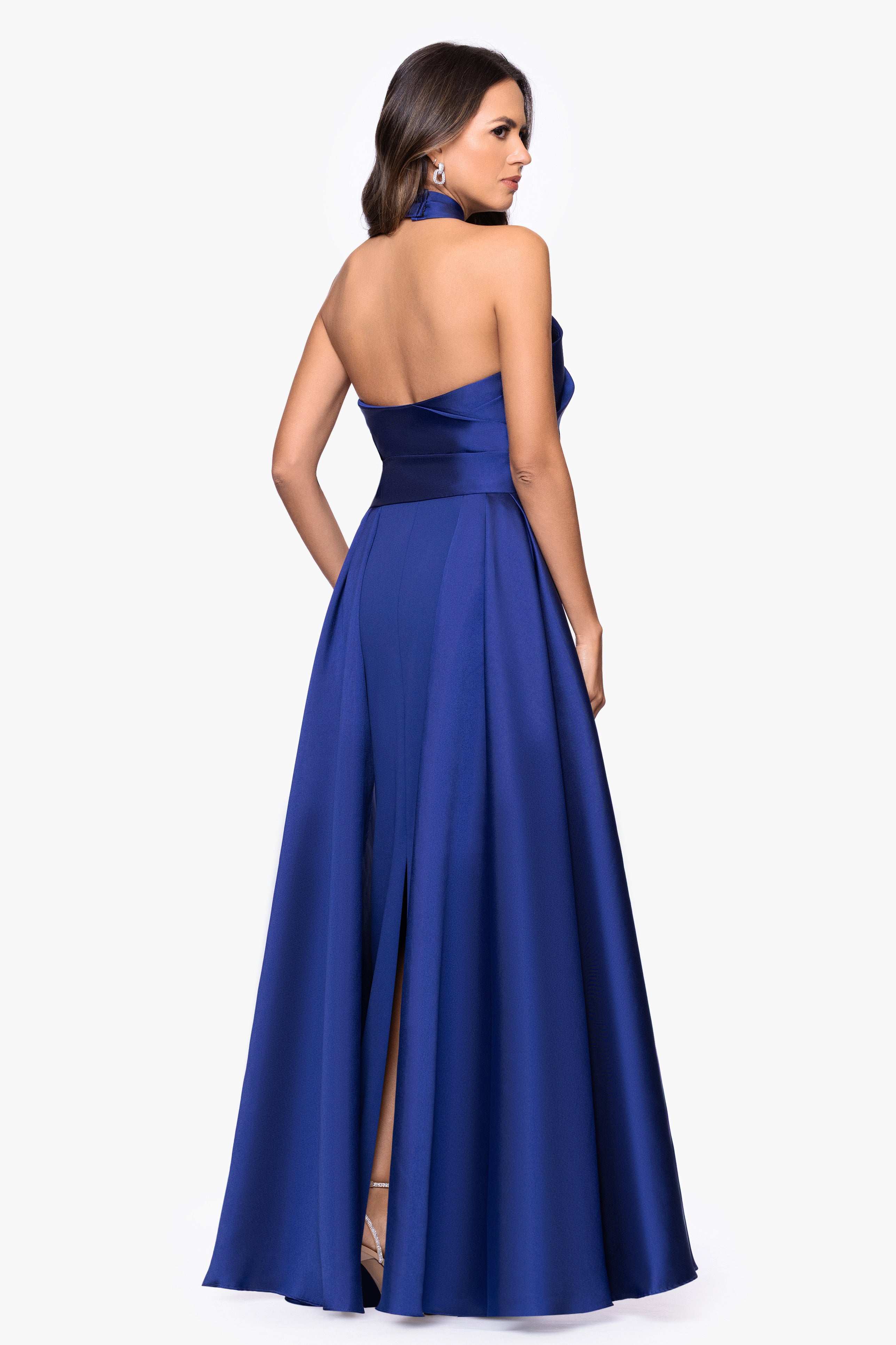 "Dina" Scuba Crepe Twist Halter Neck Floor Length Gown