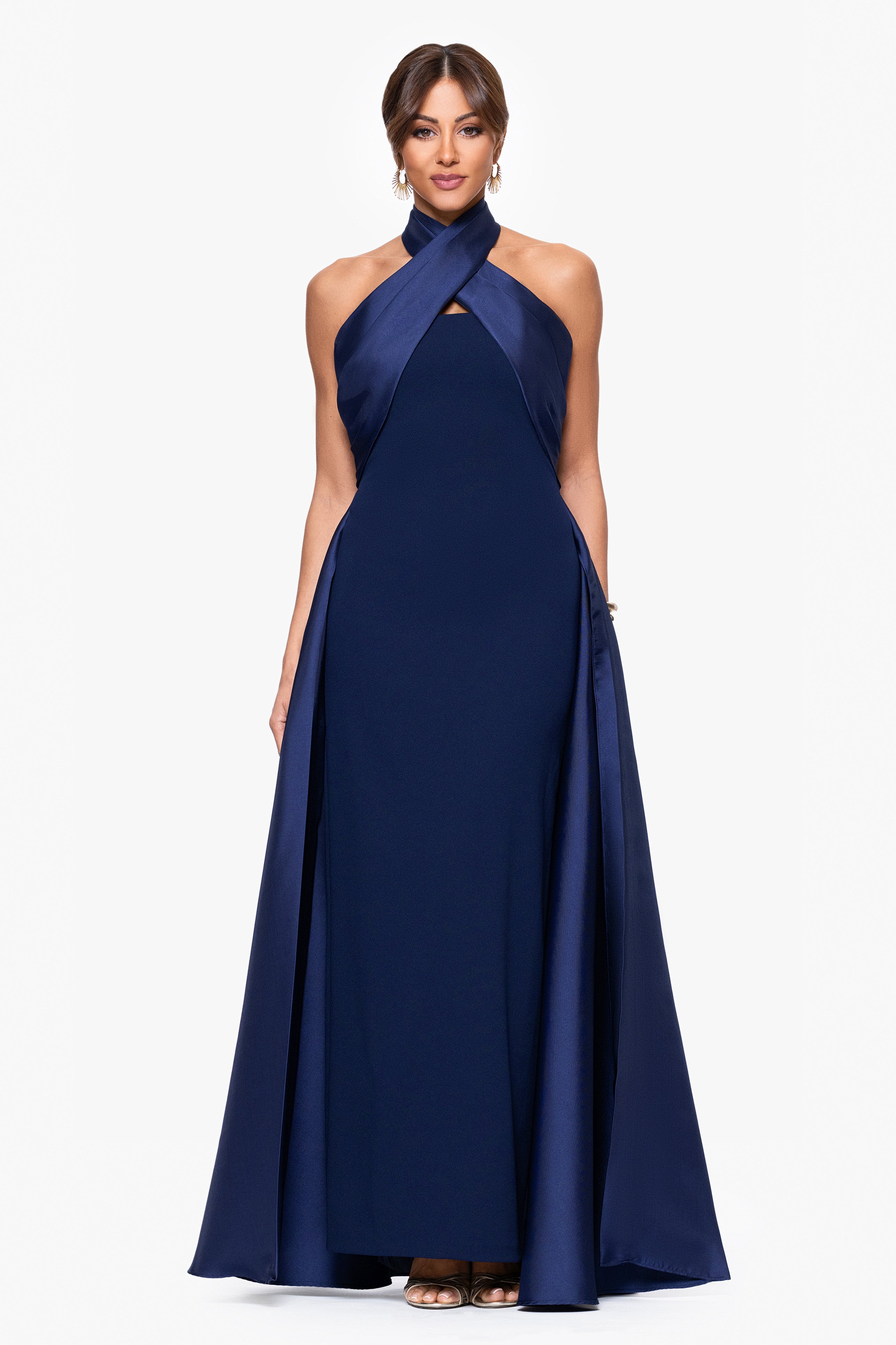 "Dina" Scuba Crepe Twist Halter Neck Floor Length Gown