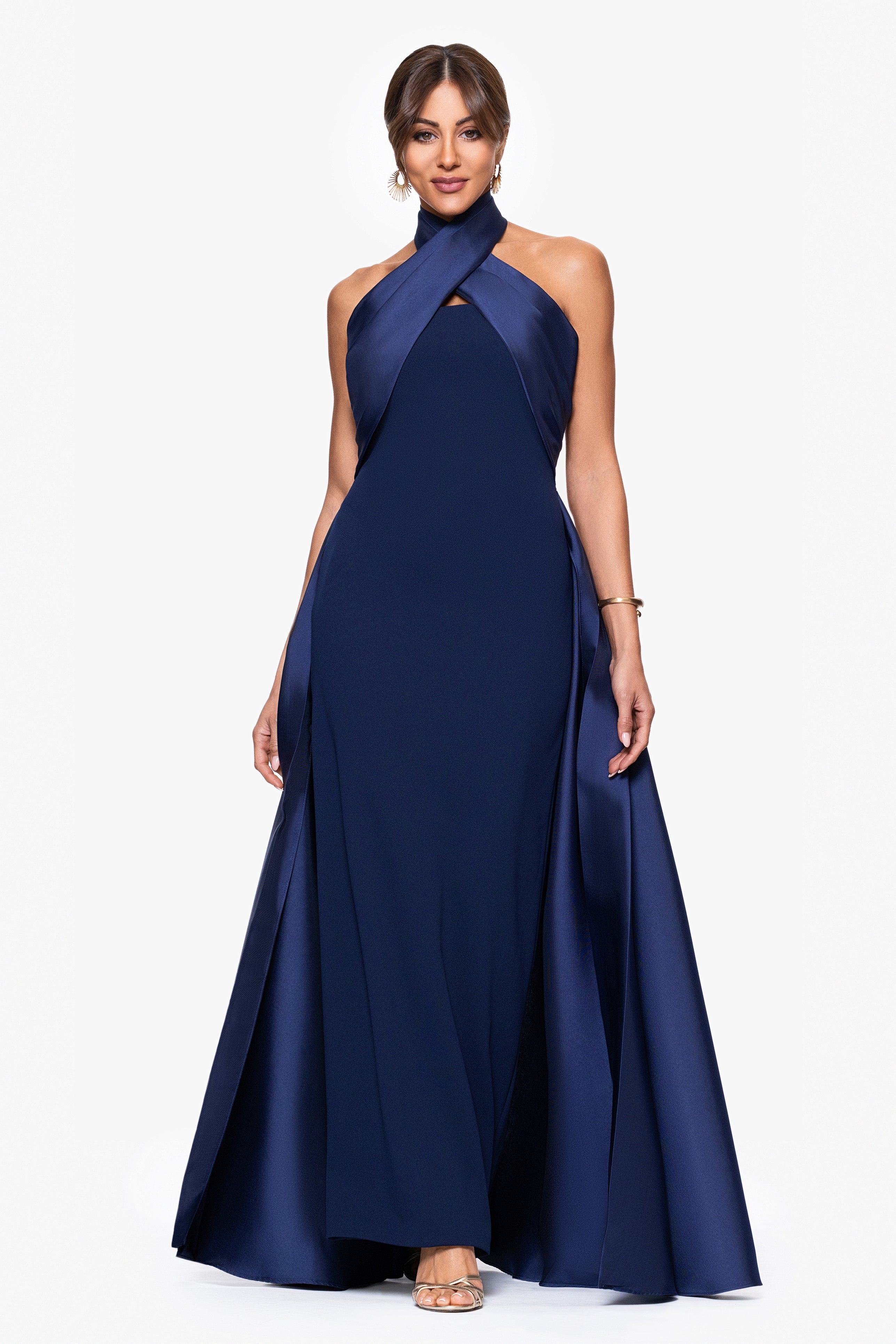 "Dina" Scuba Crepe Twist Halter Neck Floor Length Gown