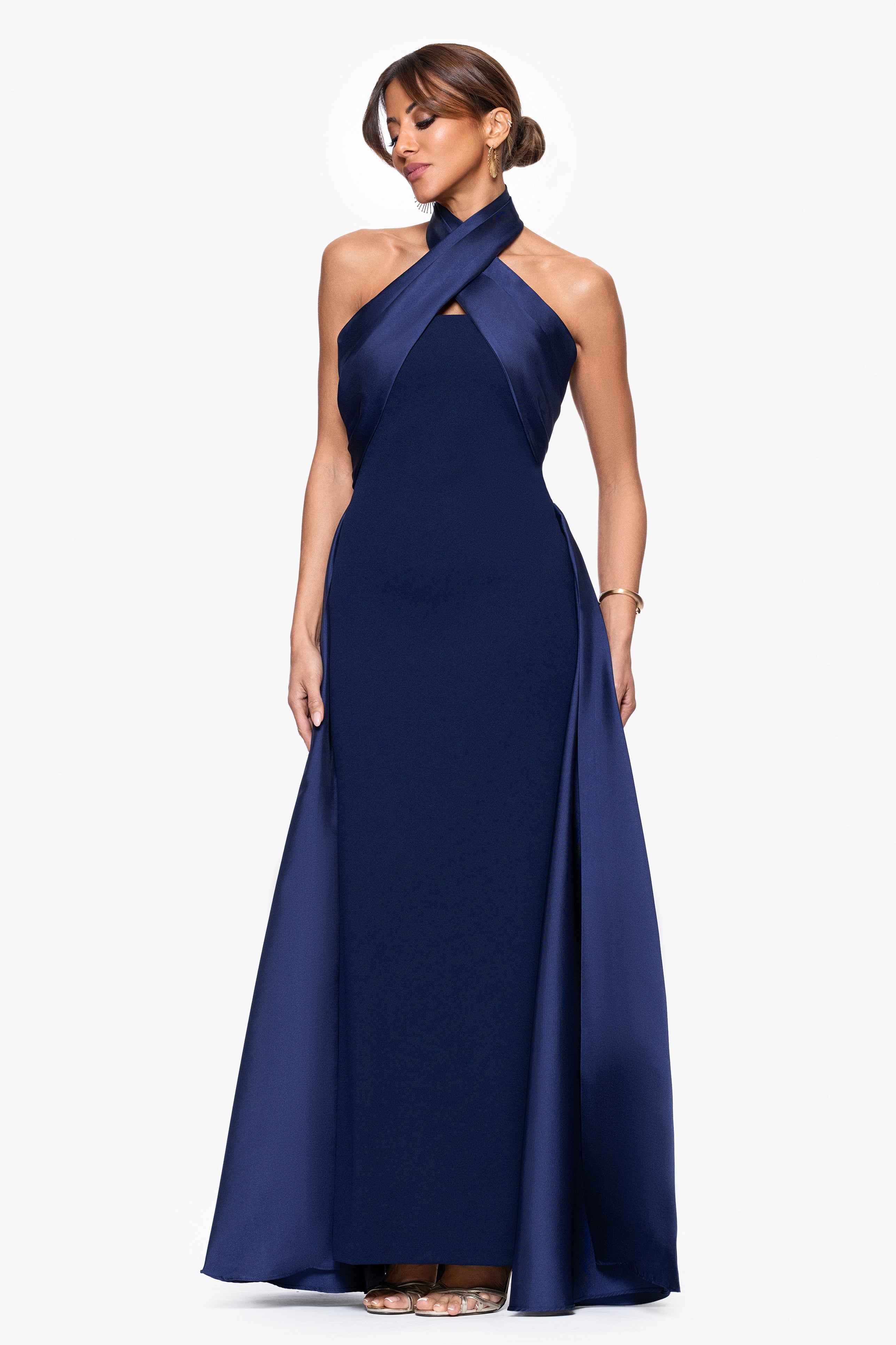 "Dina" Scuba Crepe Twist Halter Neck Floor Length Gown