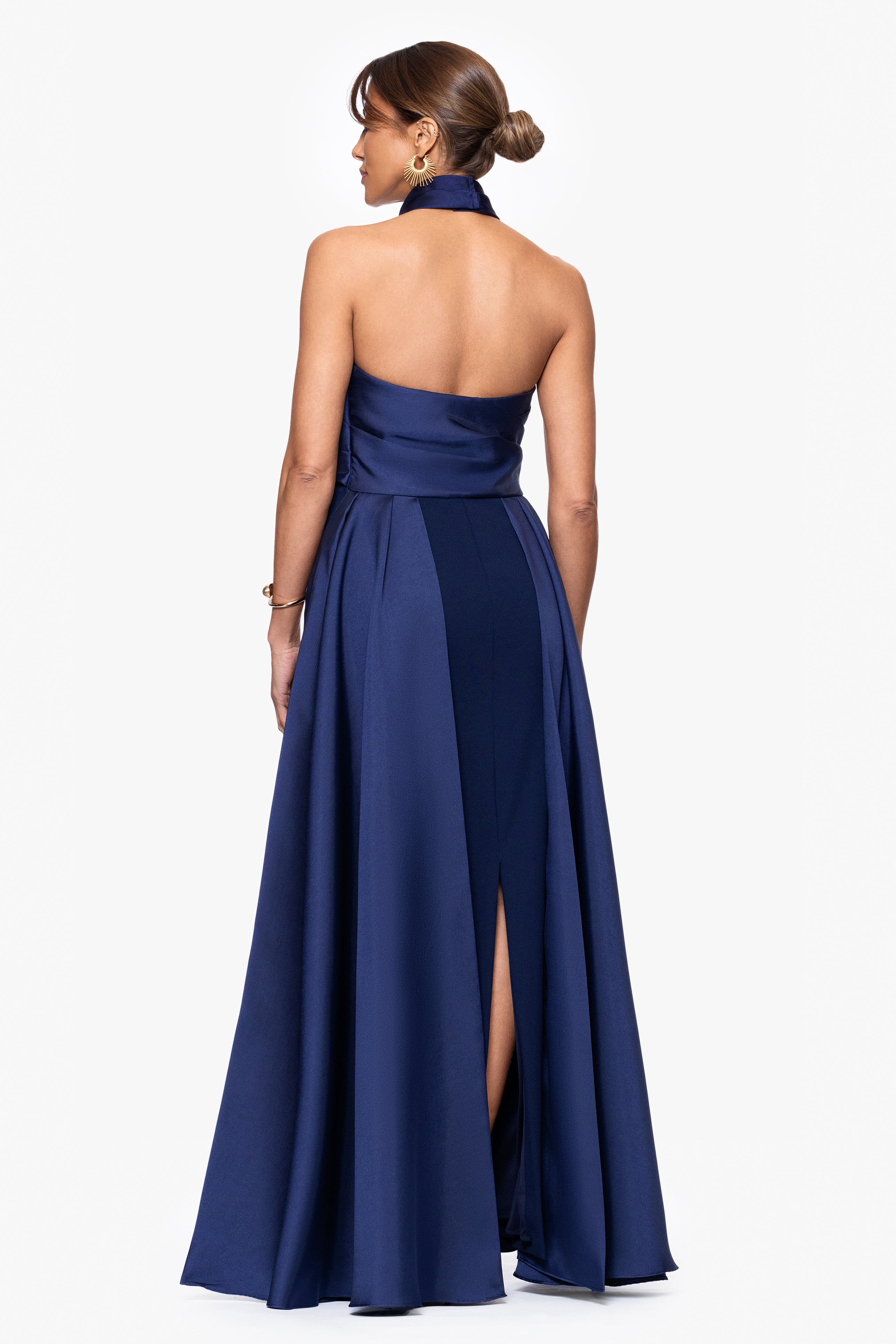 "Dina" Scuba Crepe Twist Halter Neck Floor Length Gown
