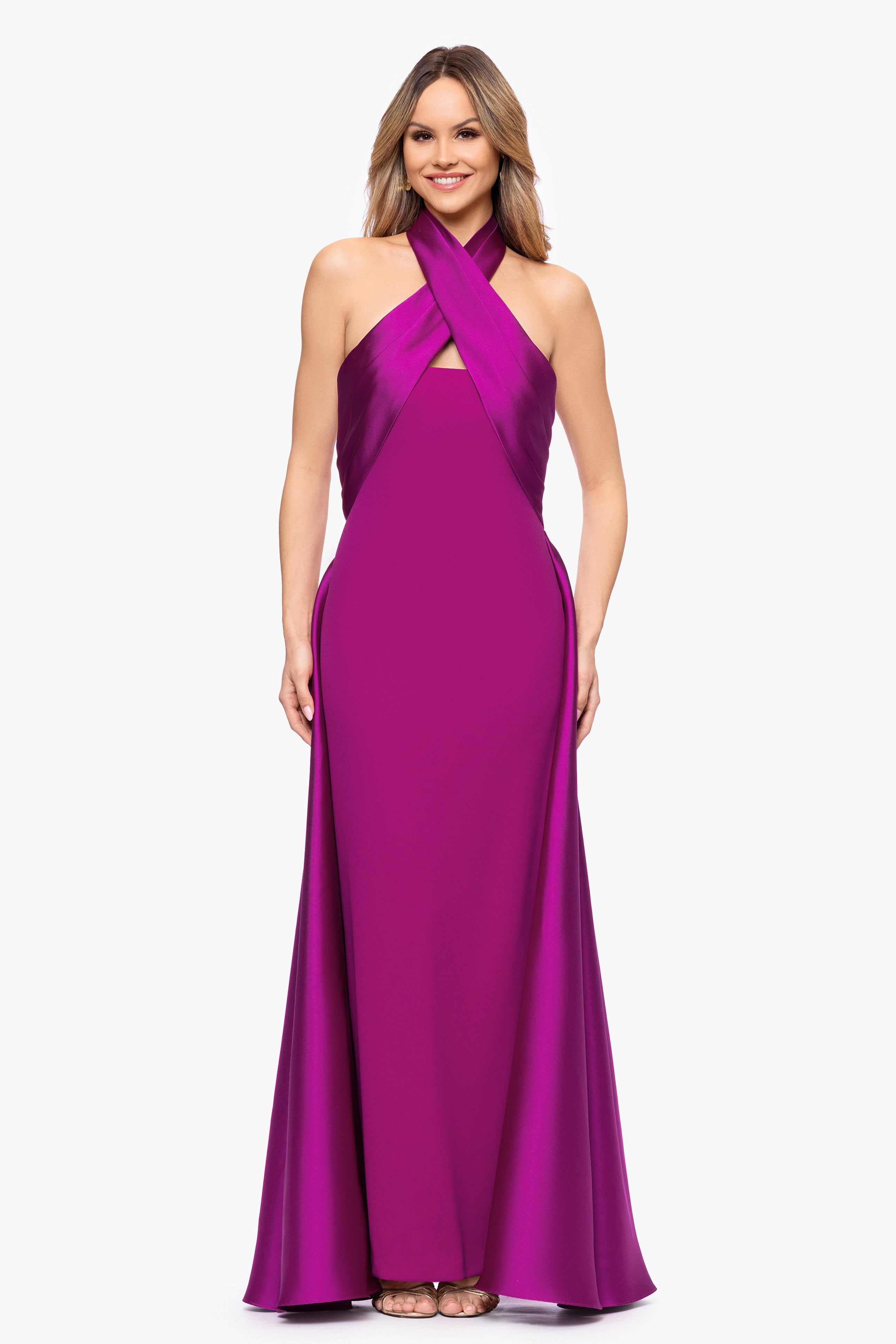 "Dina" Scuba Crepe Twist Halter Neck Floor Length Gown