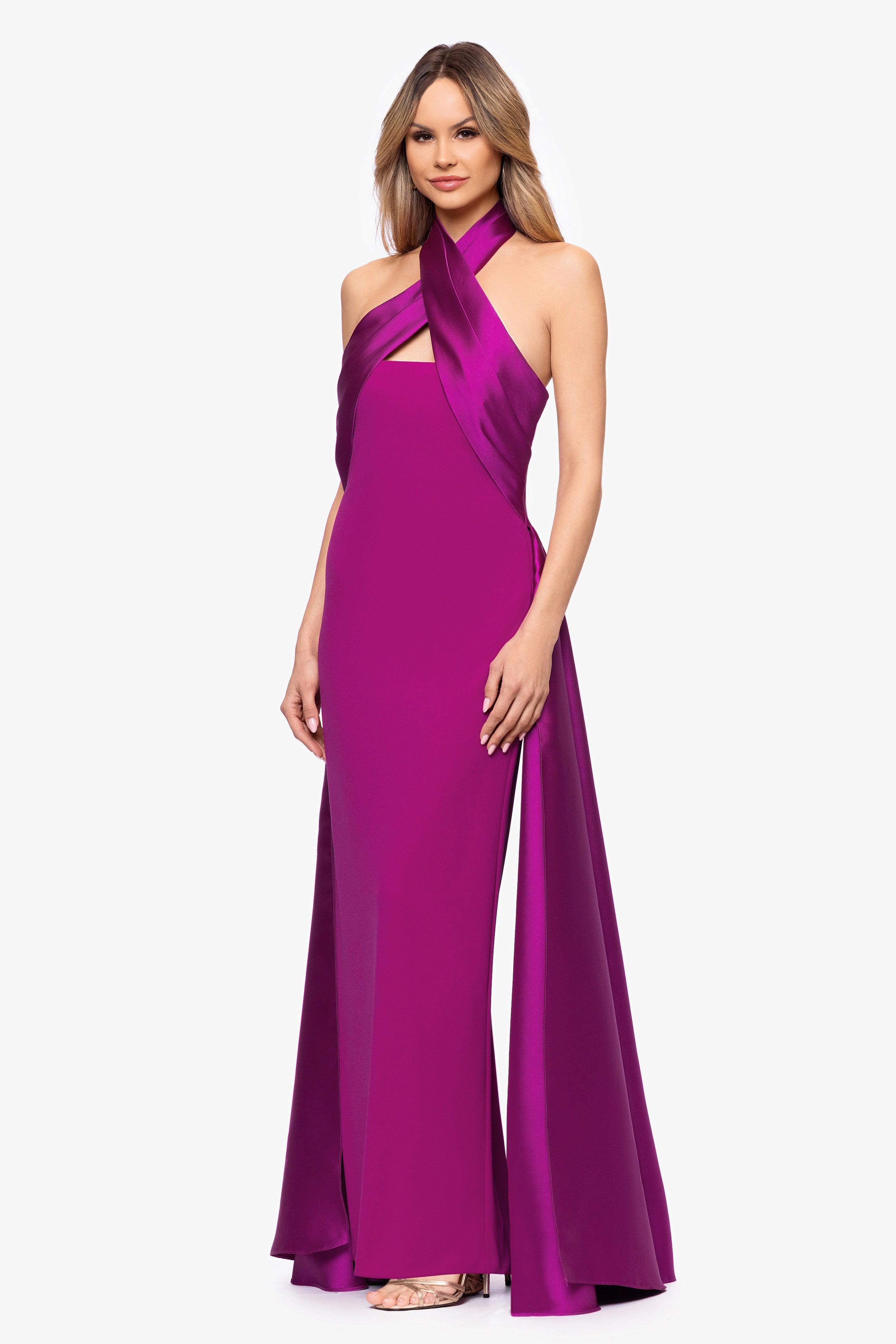 "Dina" Scuba Crepe Twist Halter Neck Floor Length Gown