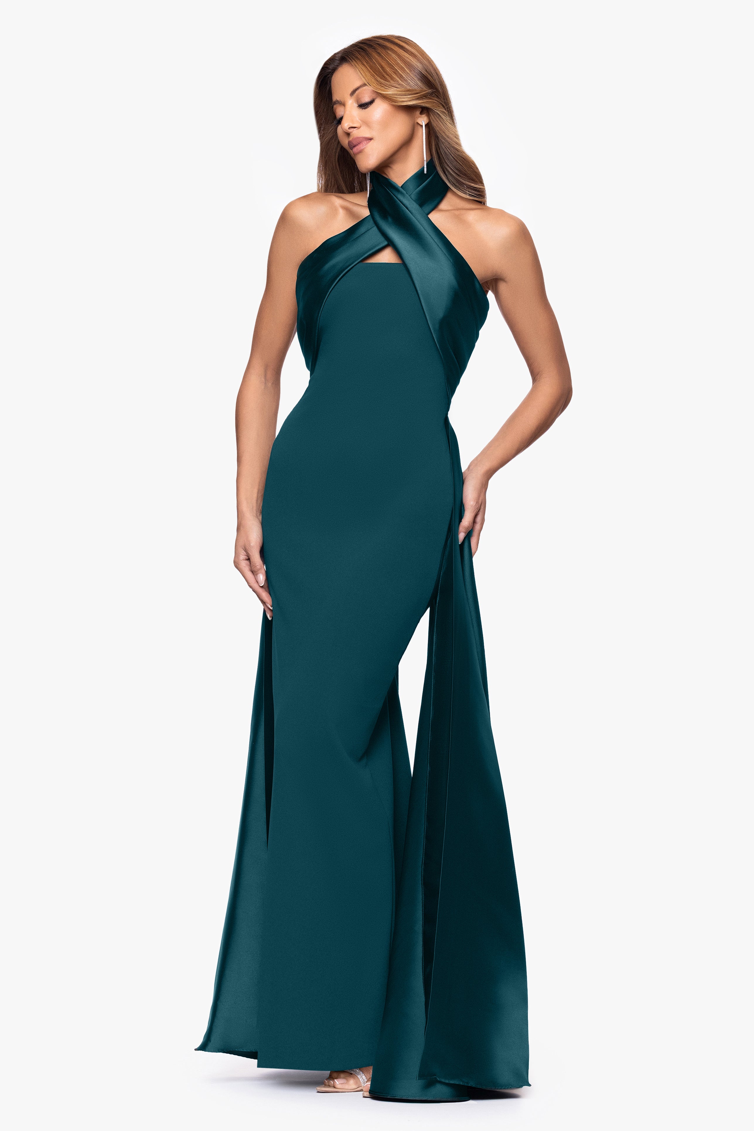 "Dina" Scuba Crepe Twist Halter Neck Floor Length Gown