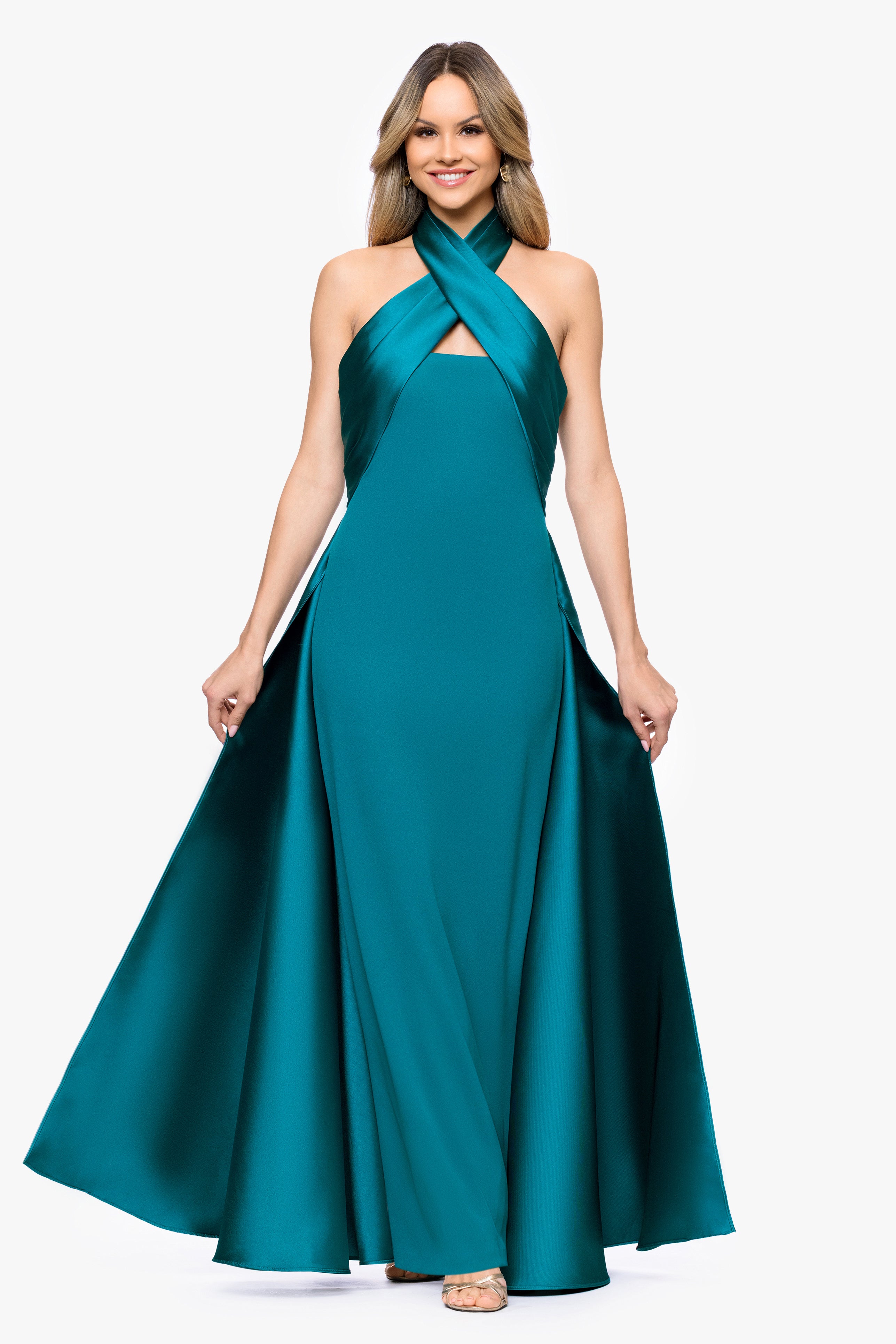"Dina" Scuba Crepe Twist Halter Neck Floor Length Gown