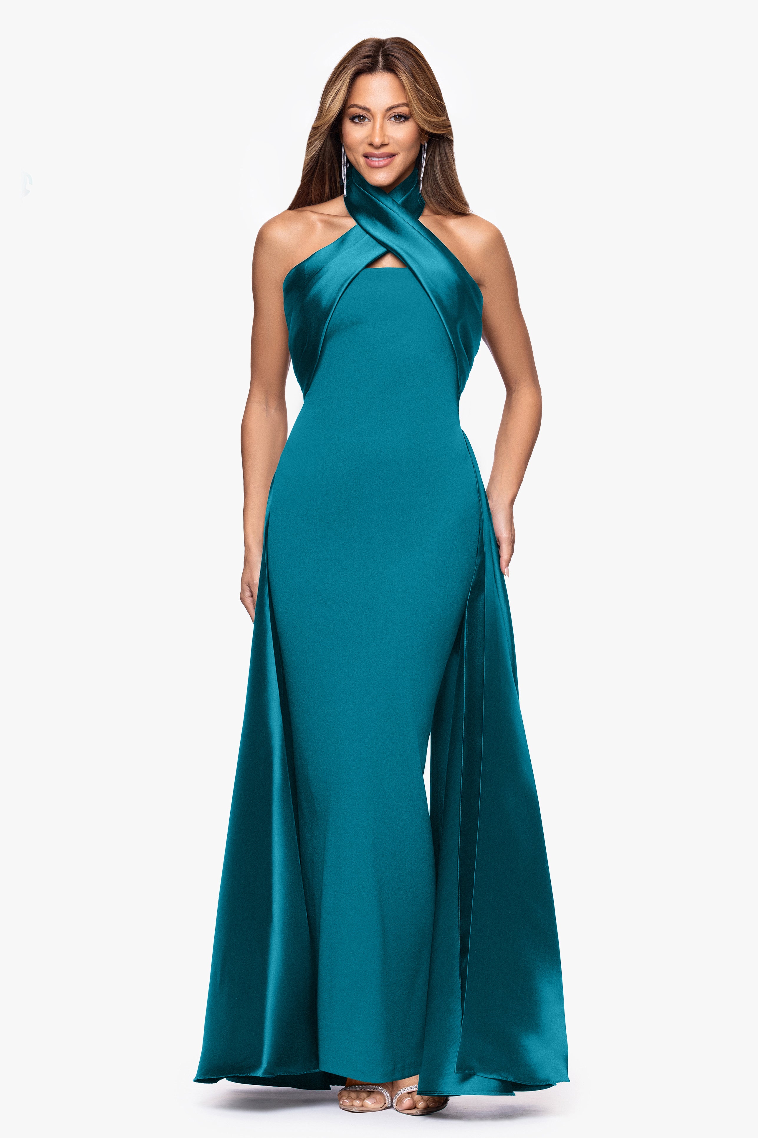 "Dina" Scuba Crepe Twist Halter Neck Floor Length Gown