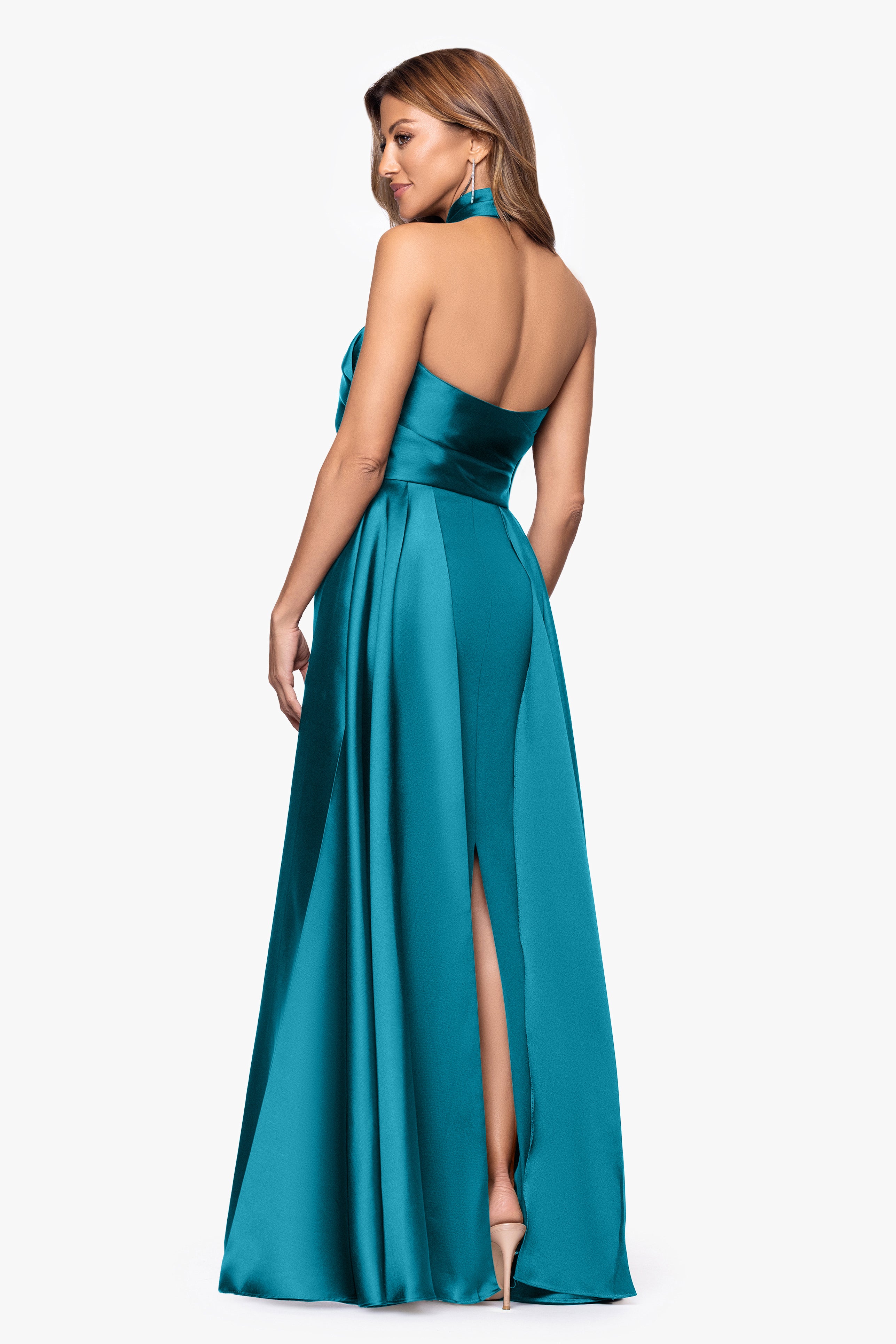 "Dina" Scuba Crepe Twist Halter Neck Floor Length Gown