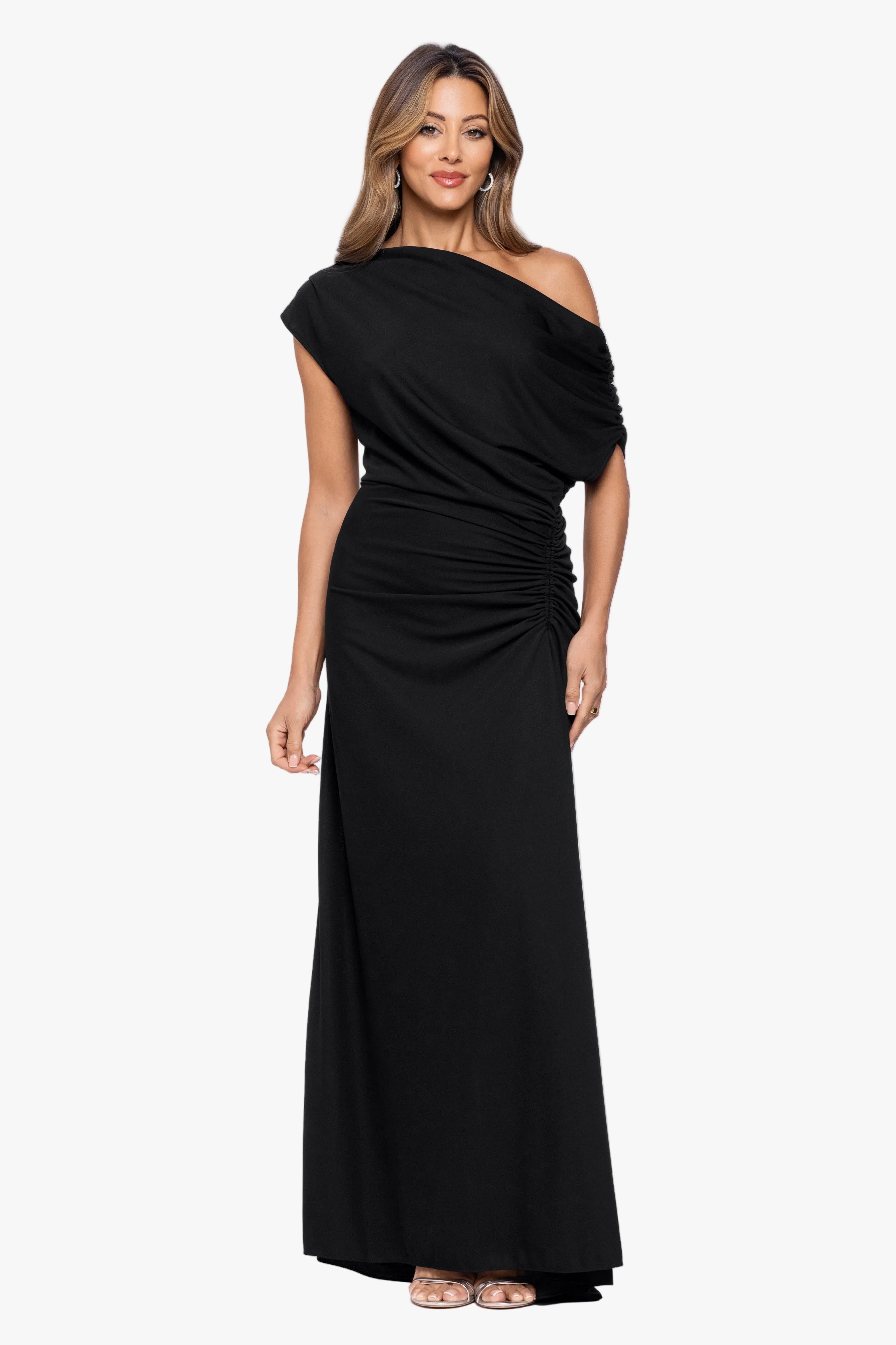 "Parker" Jersey Knit Off The Shoulder Ruched Dress