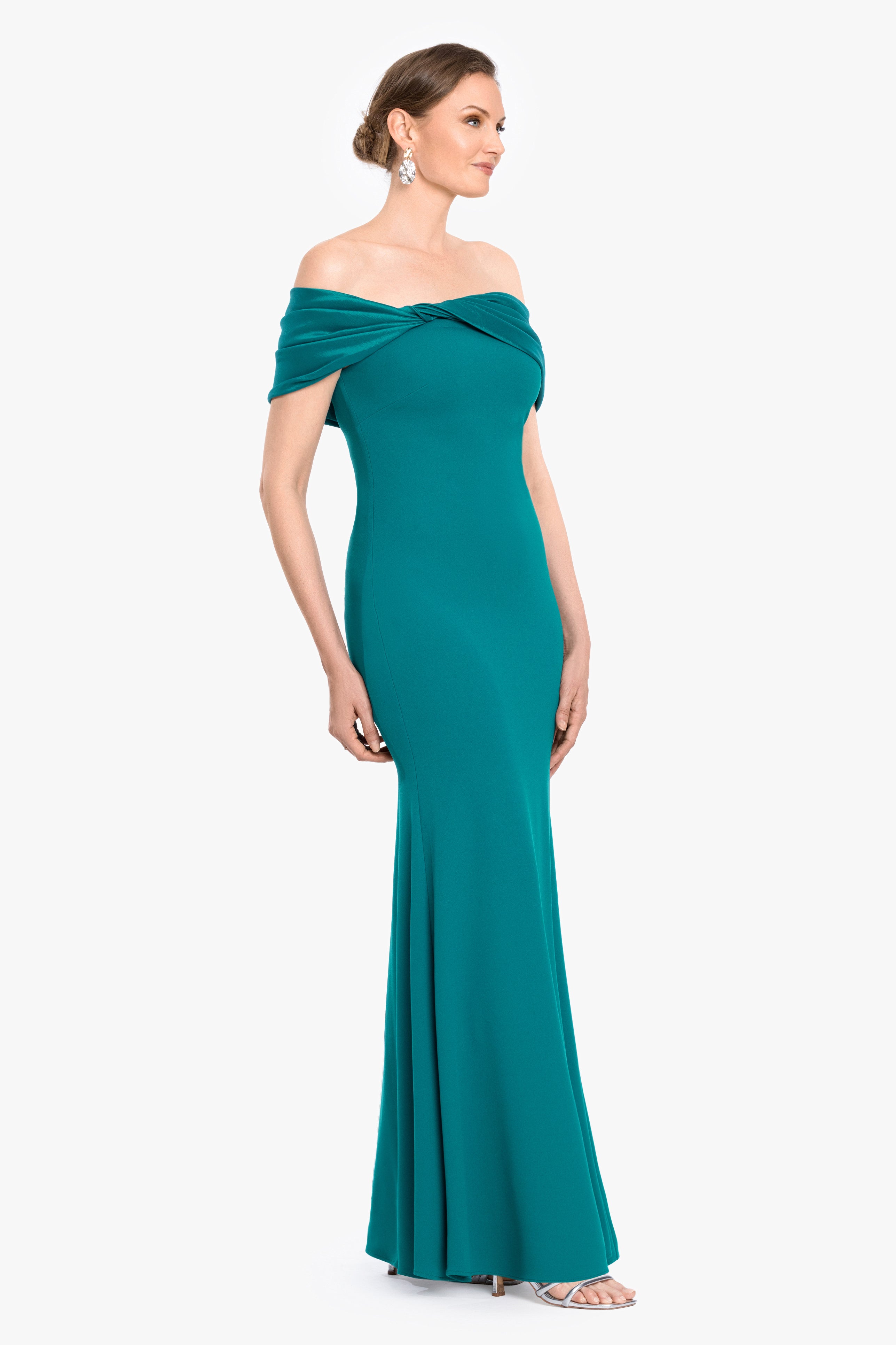 "Michelle" Scuba Crepe Off the Shoulder Taffeta Trim Dress