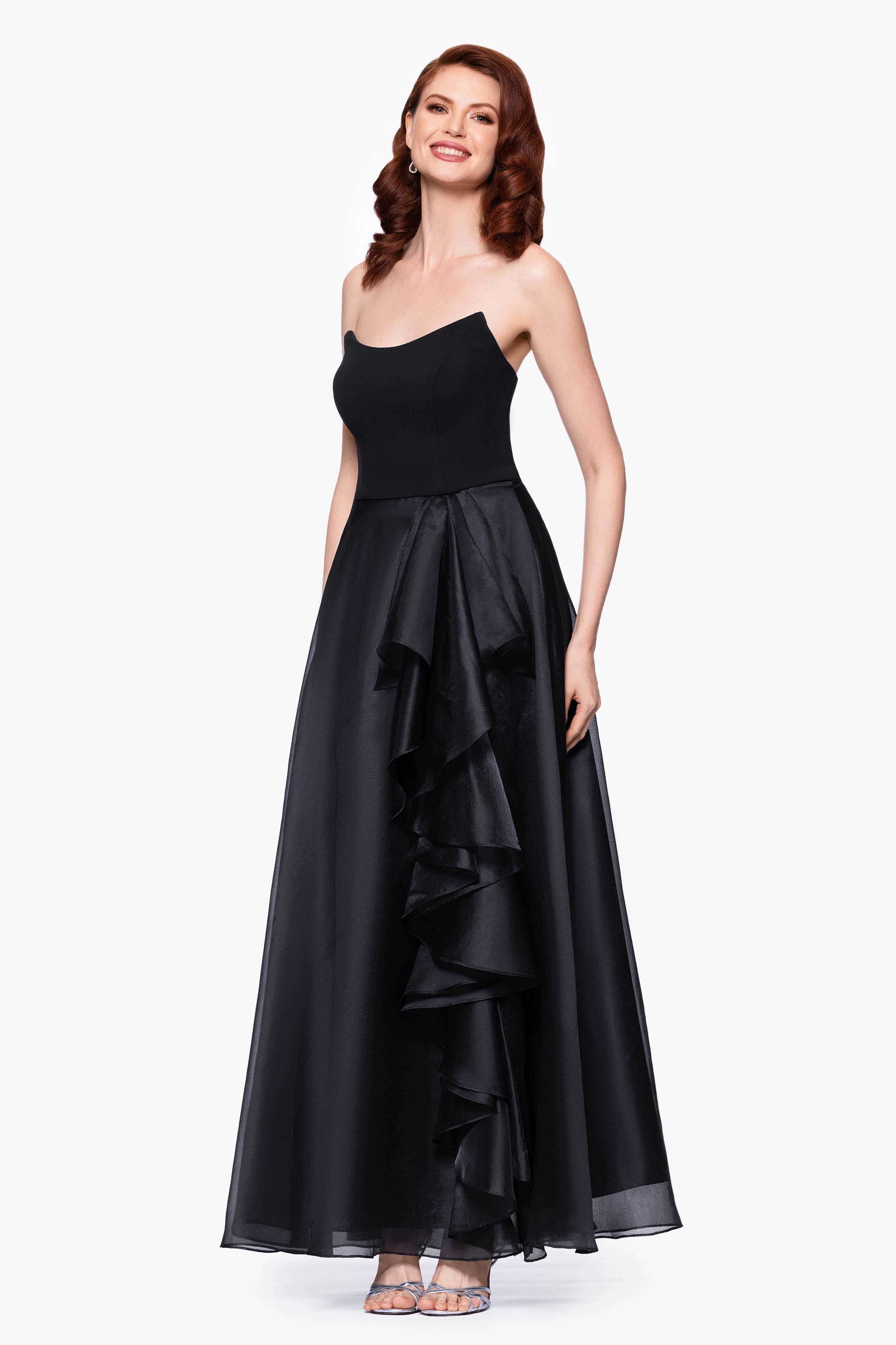 Petite "Josephine" Scuba Crepe and Organza Floor Ruffle Floor Length Dress