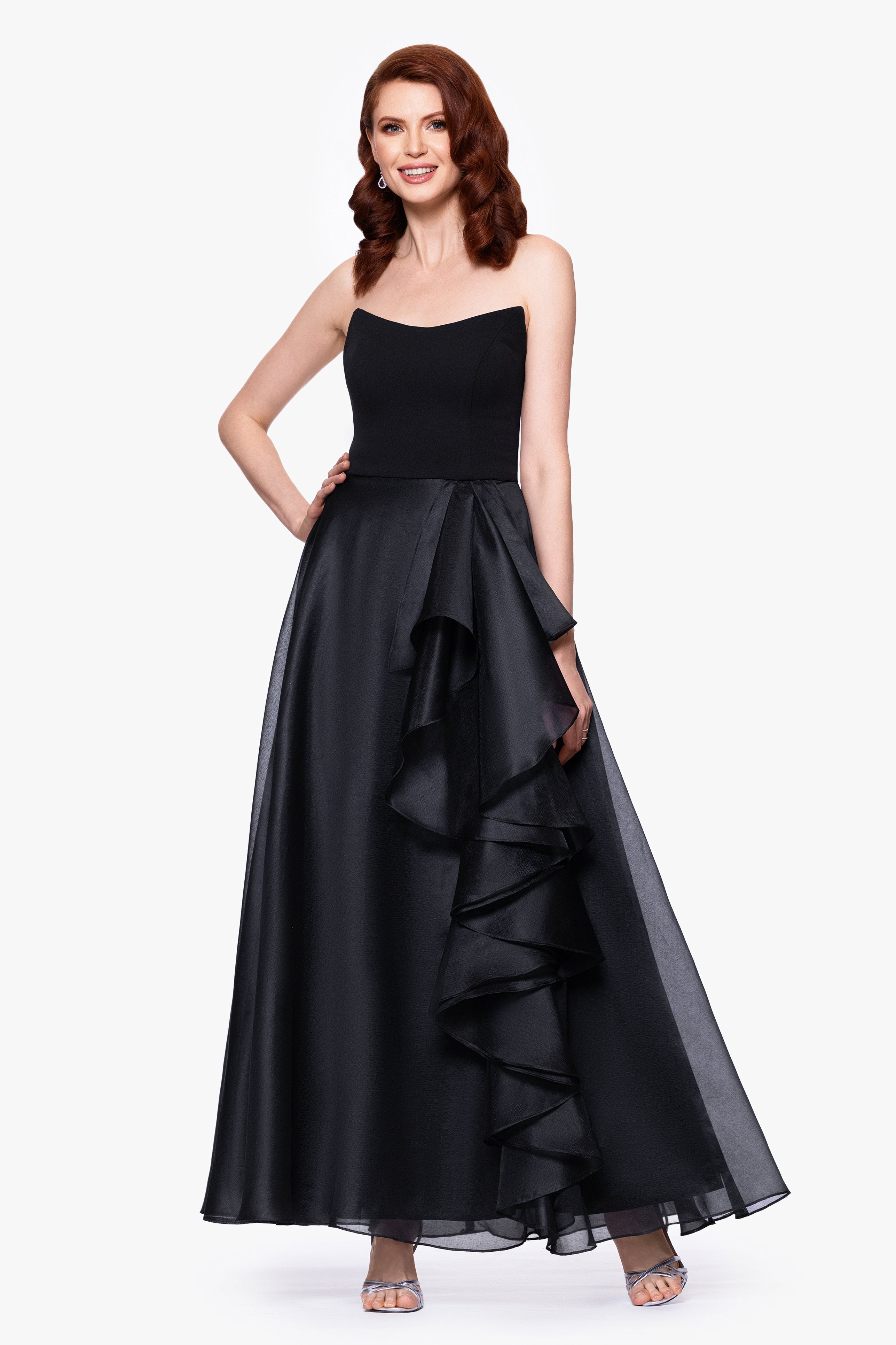 Petite "Josephine" Scuba Crepe and Organza Floor Ruffle Floor Length Dress