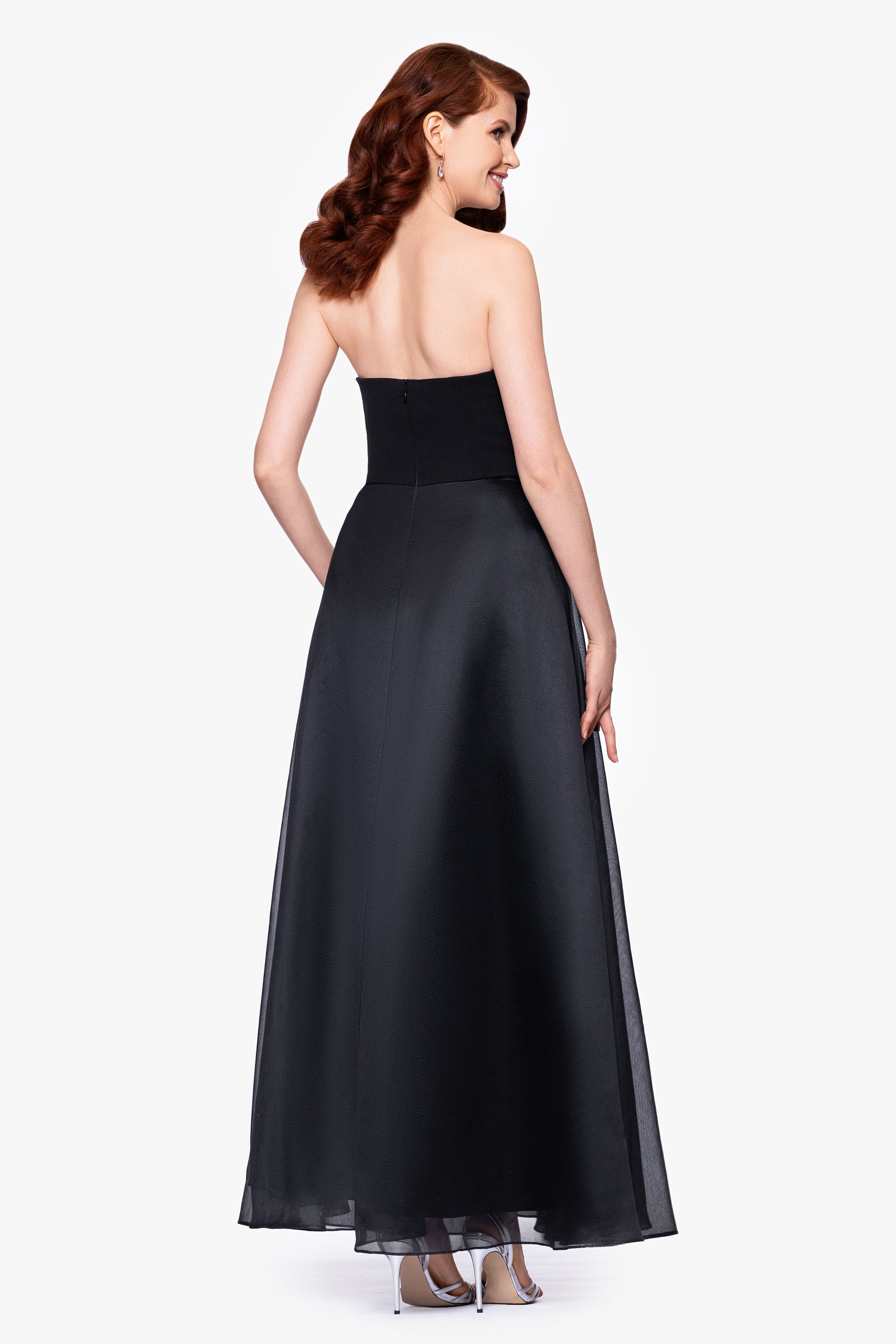 Petite "Josephine" Scuba Crepe and Organza Floor Ruffle Floor Length Dress