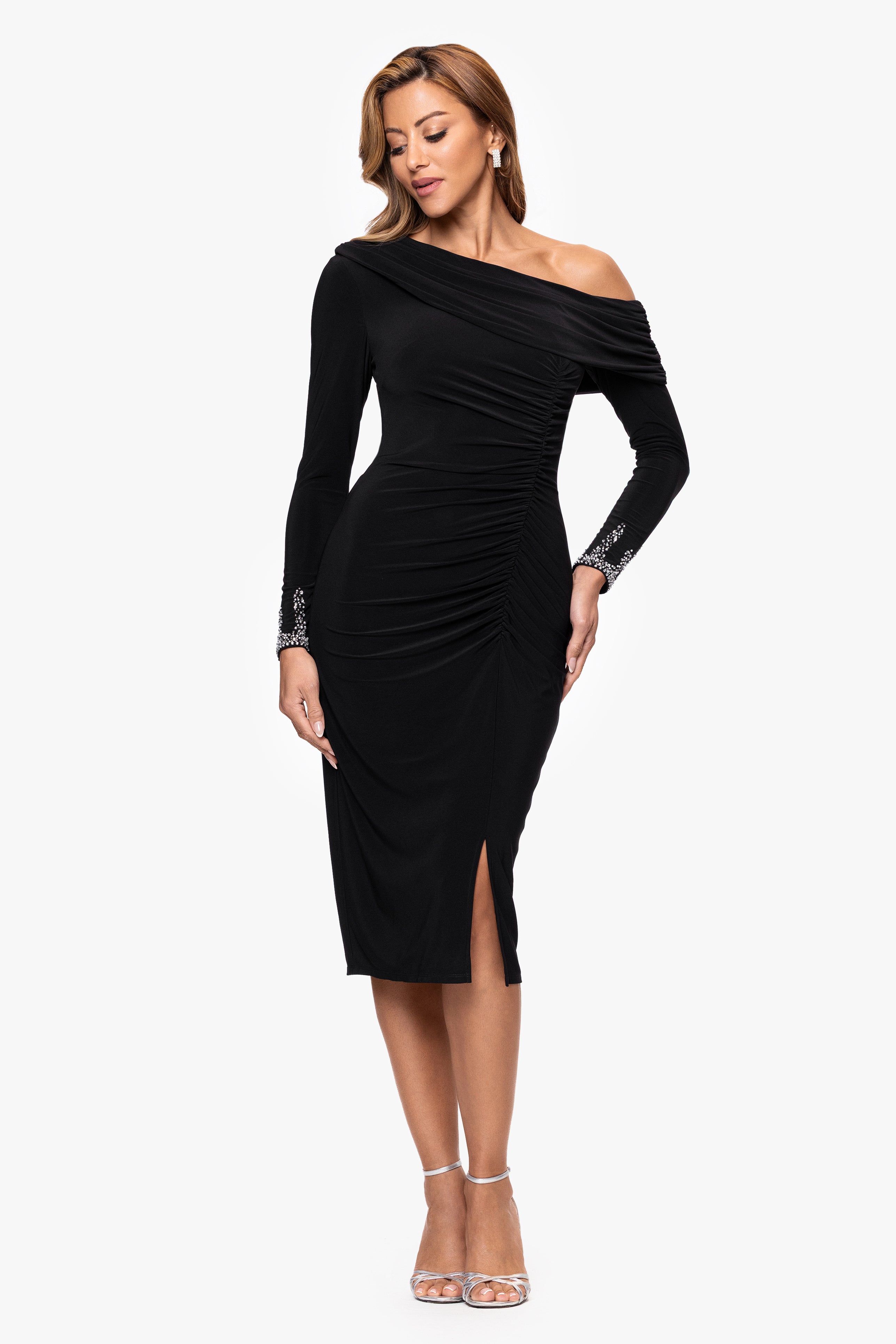 "Lydia" Jersey Knit Off The Shoulder Long Sleeve Silver Trim Midi Dress