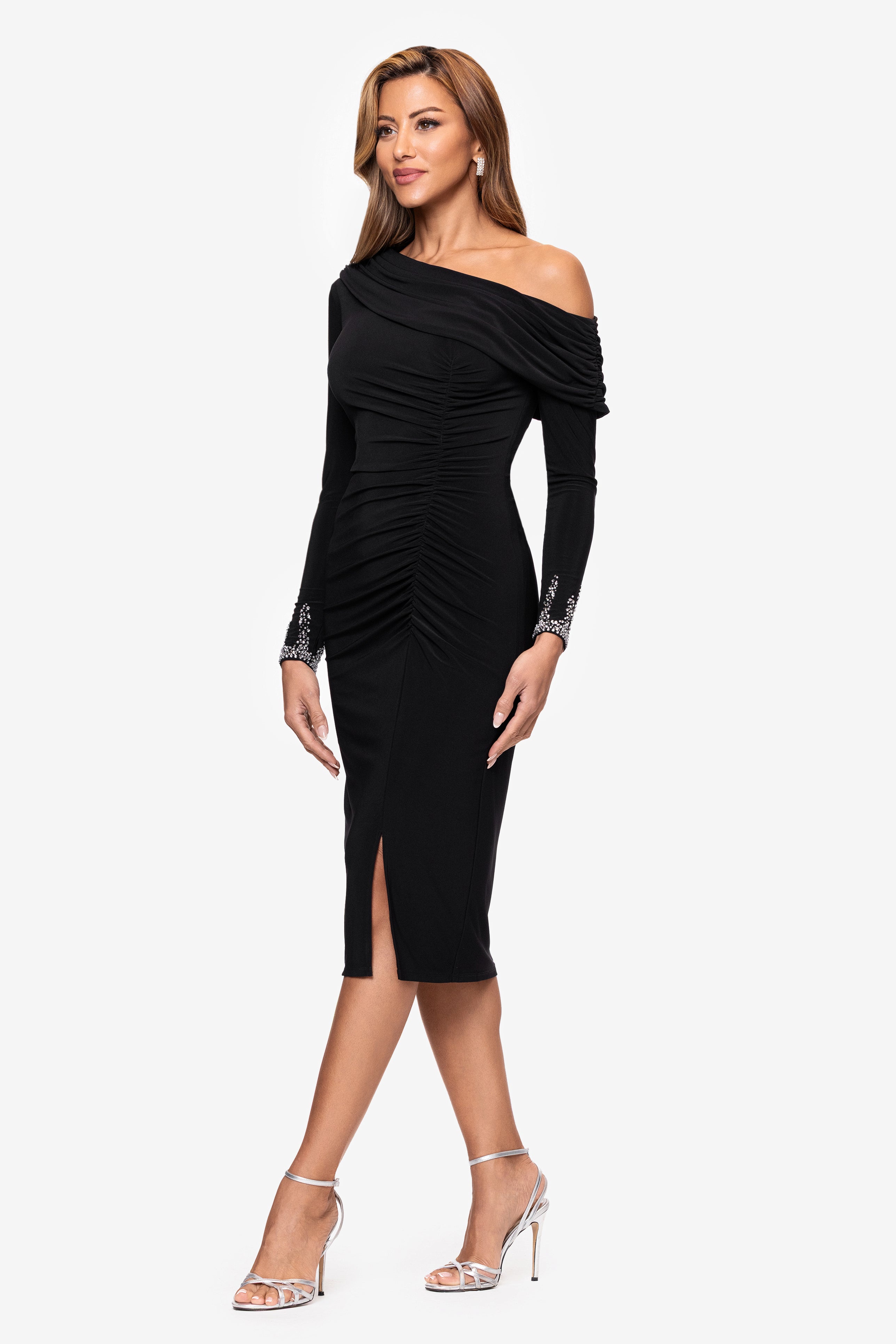 "Lydia" Jersey Knit Off The Shoulder Long Sleeve Silver Trim Midi Dress