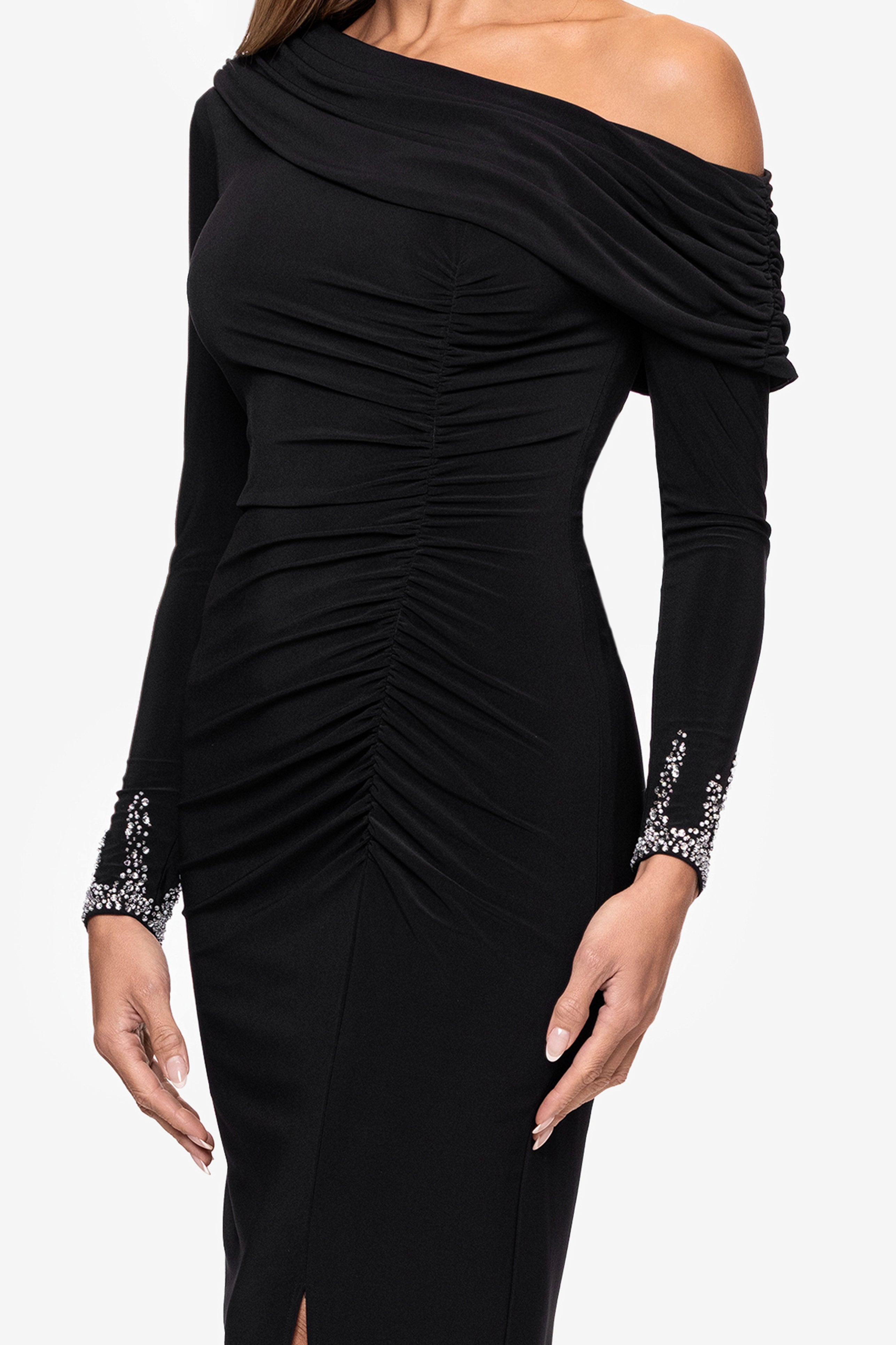 "Lydia" Jersey Knit Off The Shoulder Long Sleeve Silver Trim Midi Dress