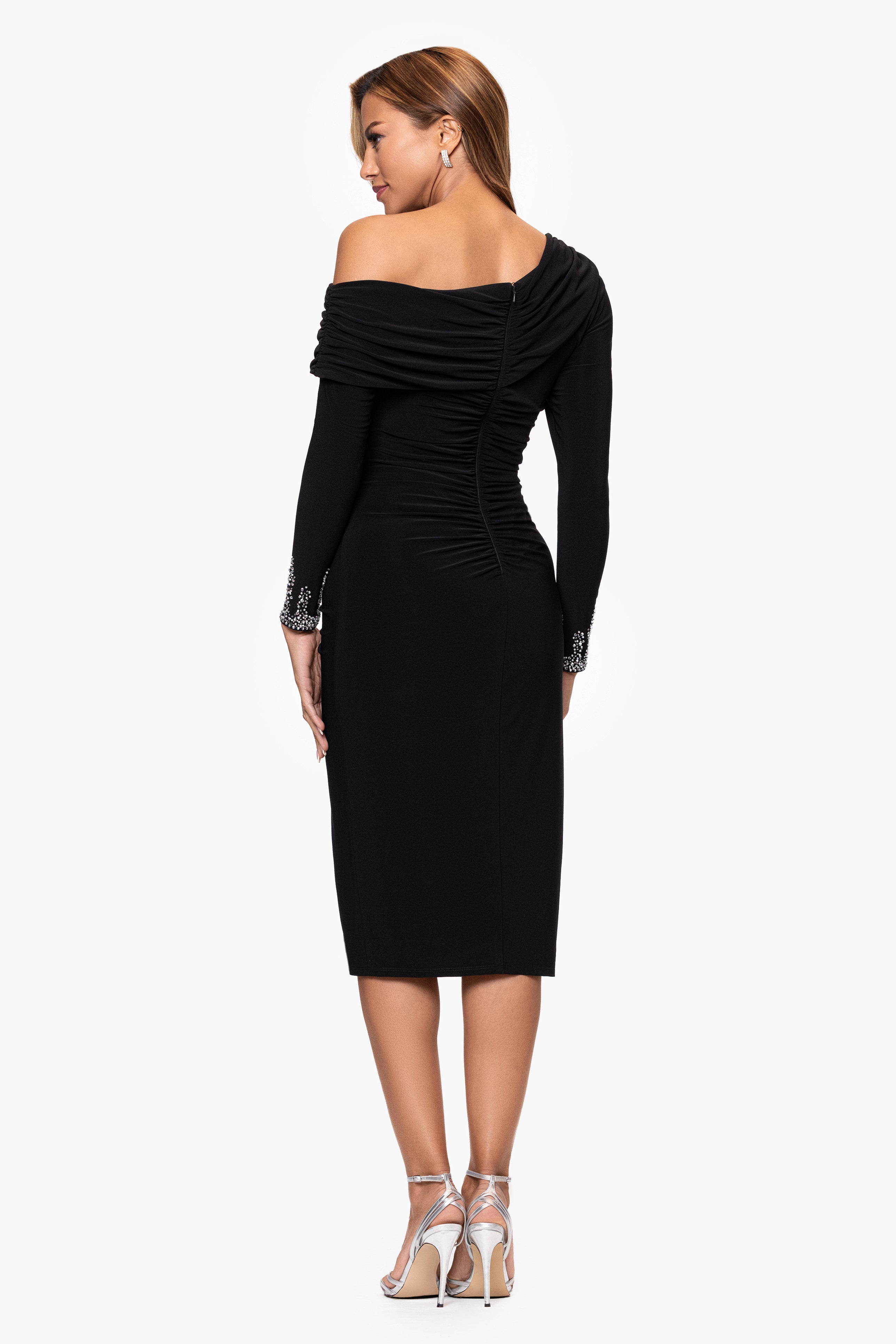 "Lydia" Jersey Knit Off The Shoulder Long Sleeve Silver Trim Midi Dress