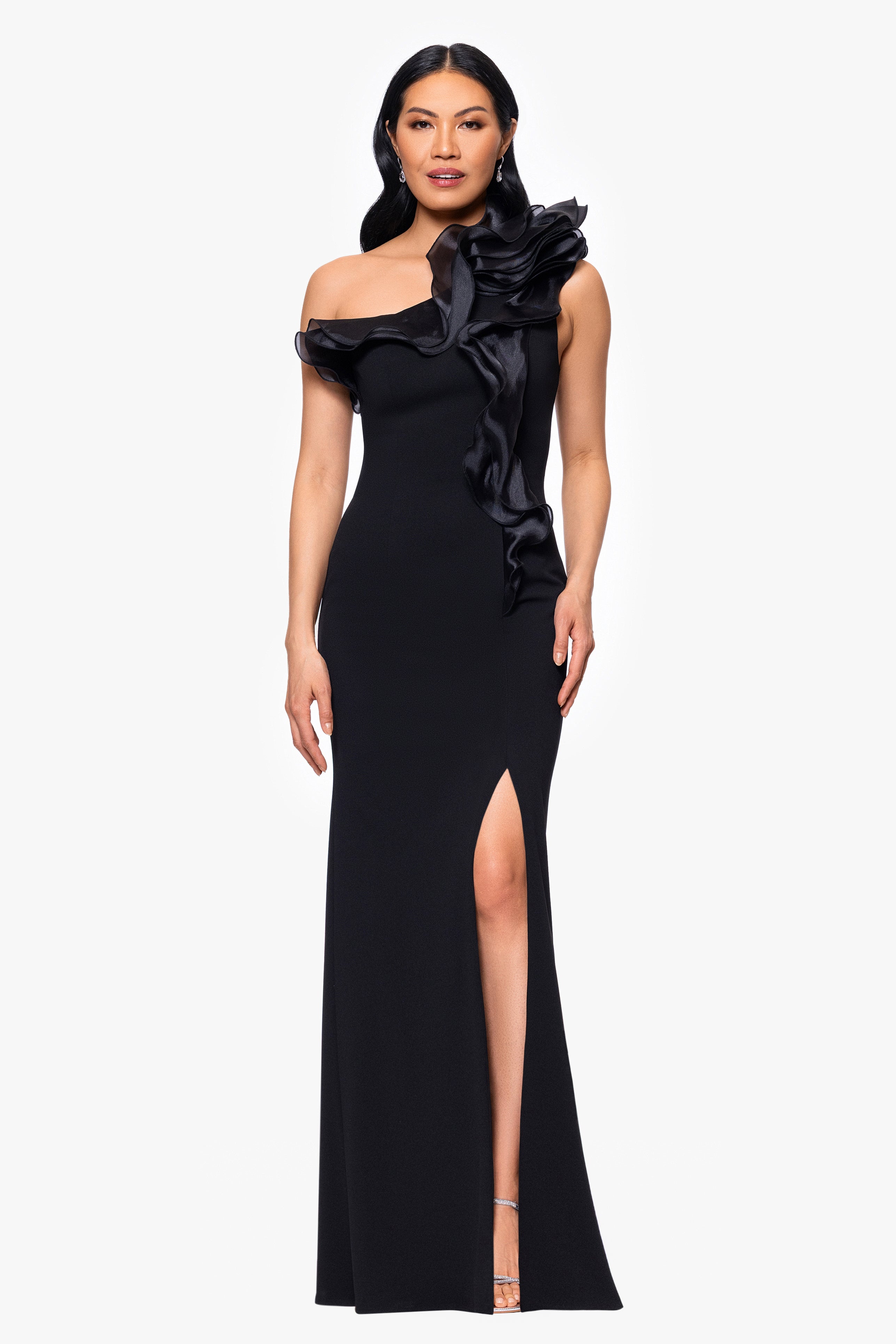 "Drea" Scuba Crepe Drop Shoulder Ruffle Dress