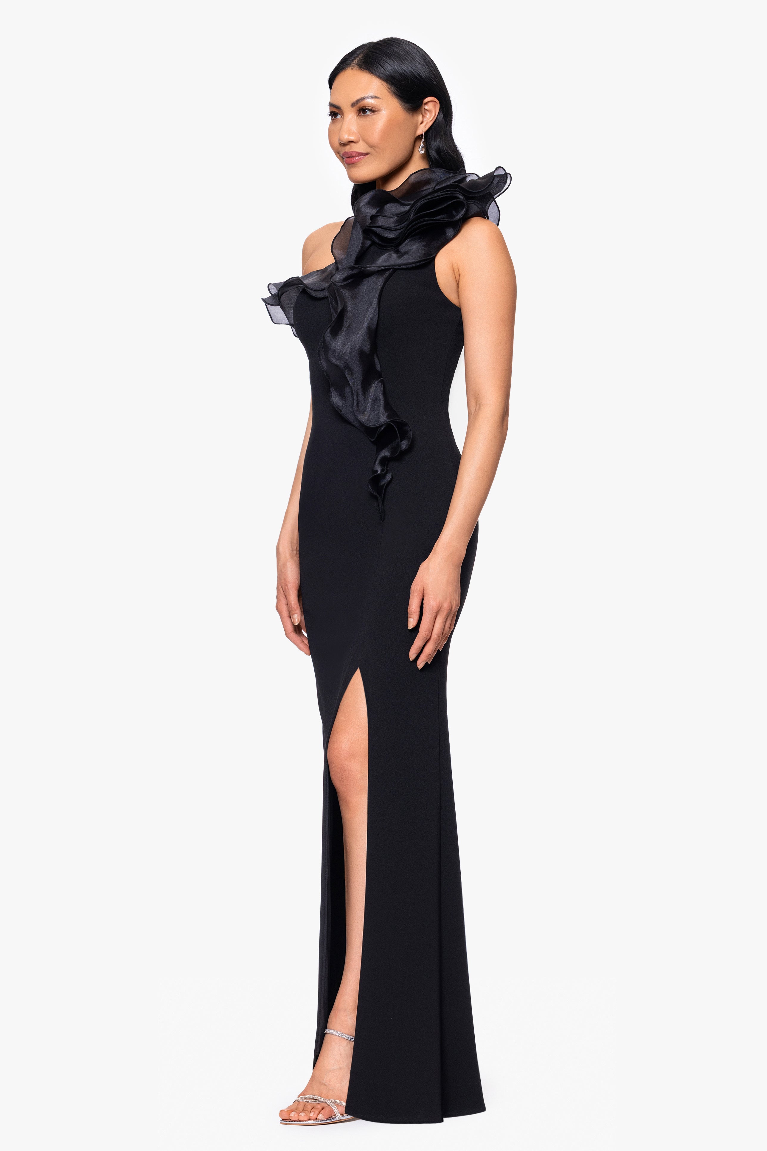 "Drea" Scuba Crepe Drop Shoulder Ruffle Dress