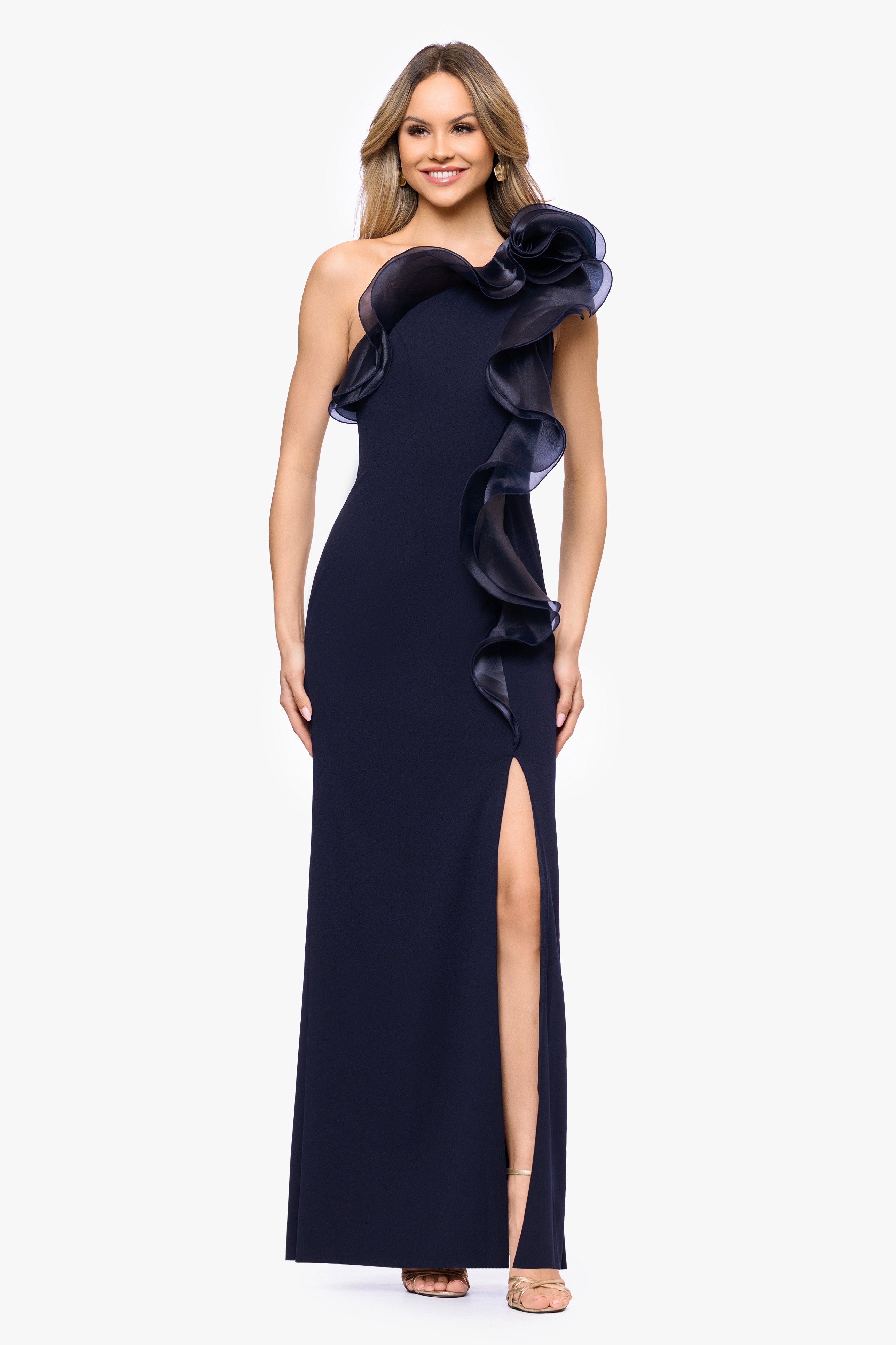 "Drea" Scuba Crepe Drop Shoulder Ruffle Floor Length Dress