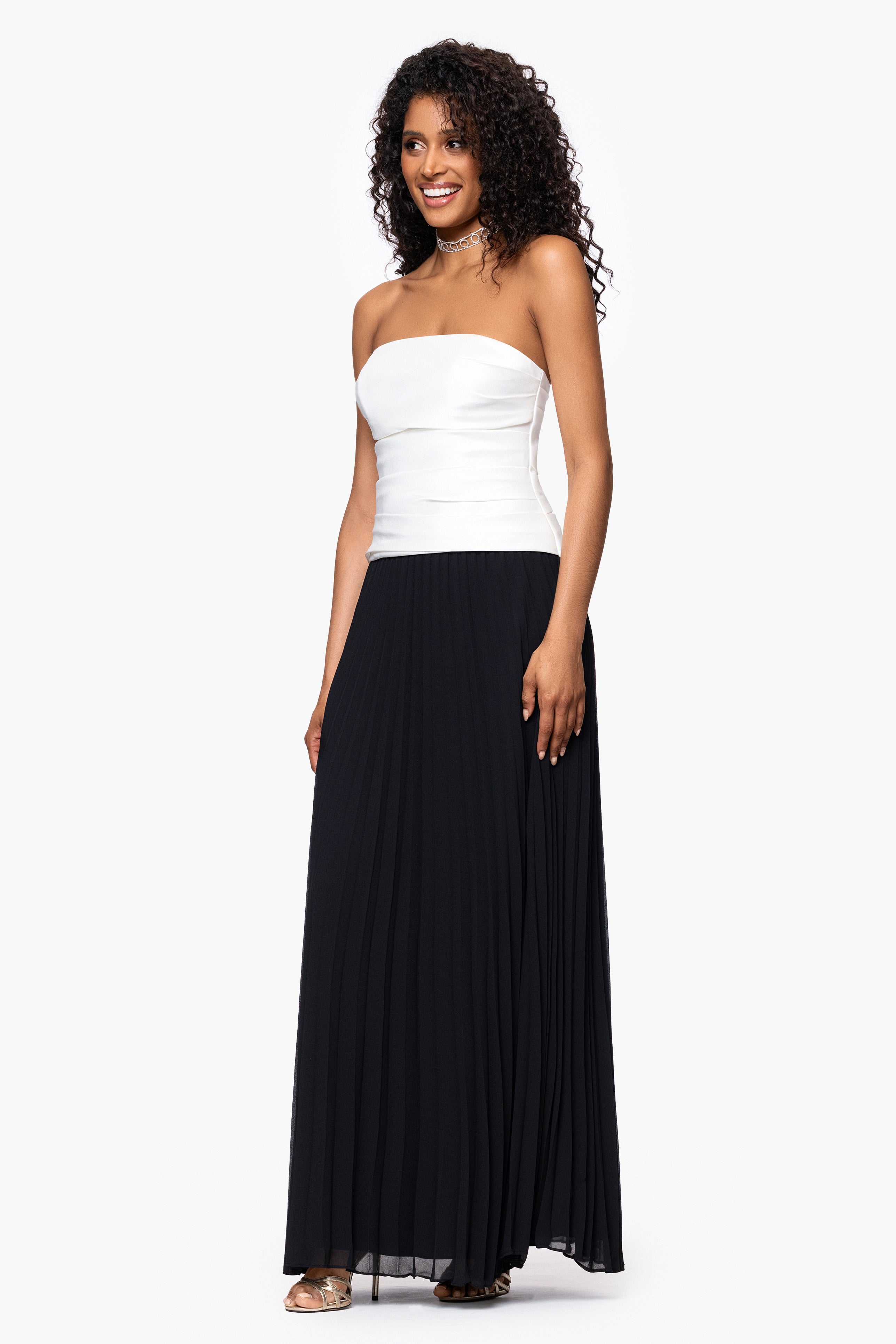 "Sierra" Satin Bodice and Chiffon Skirt Strapless Floor Length Dress