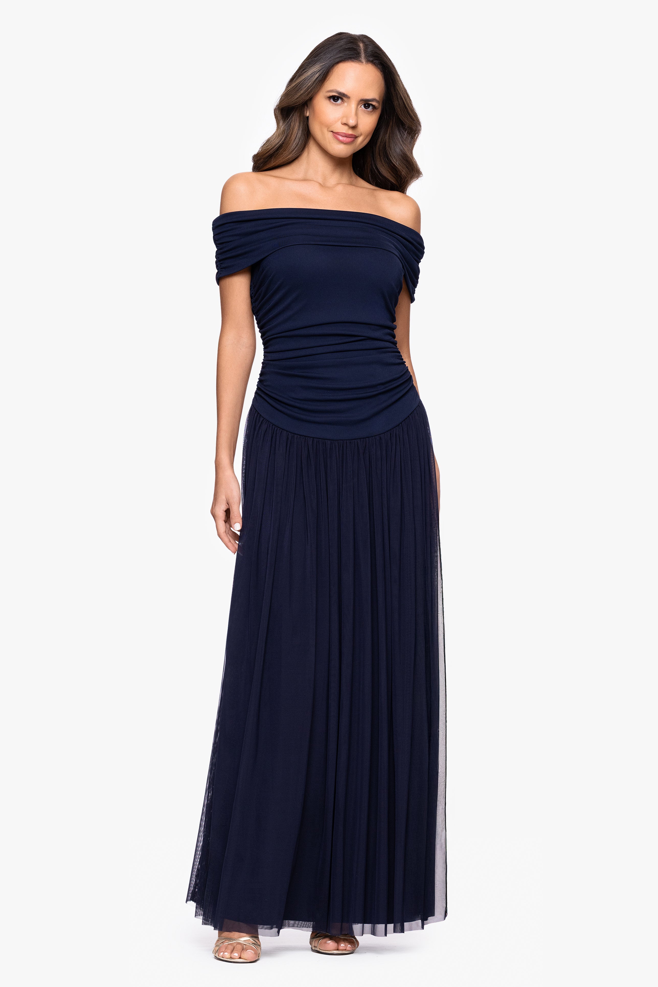 "Moraya" Jersey Off the Shoulder Rouched Floor Length Dress