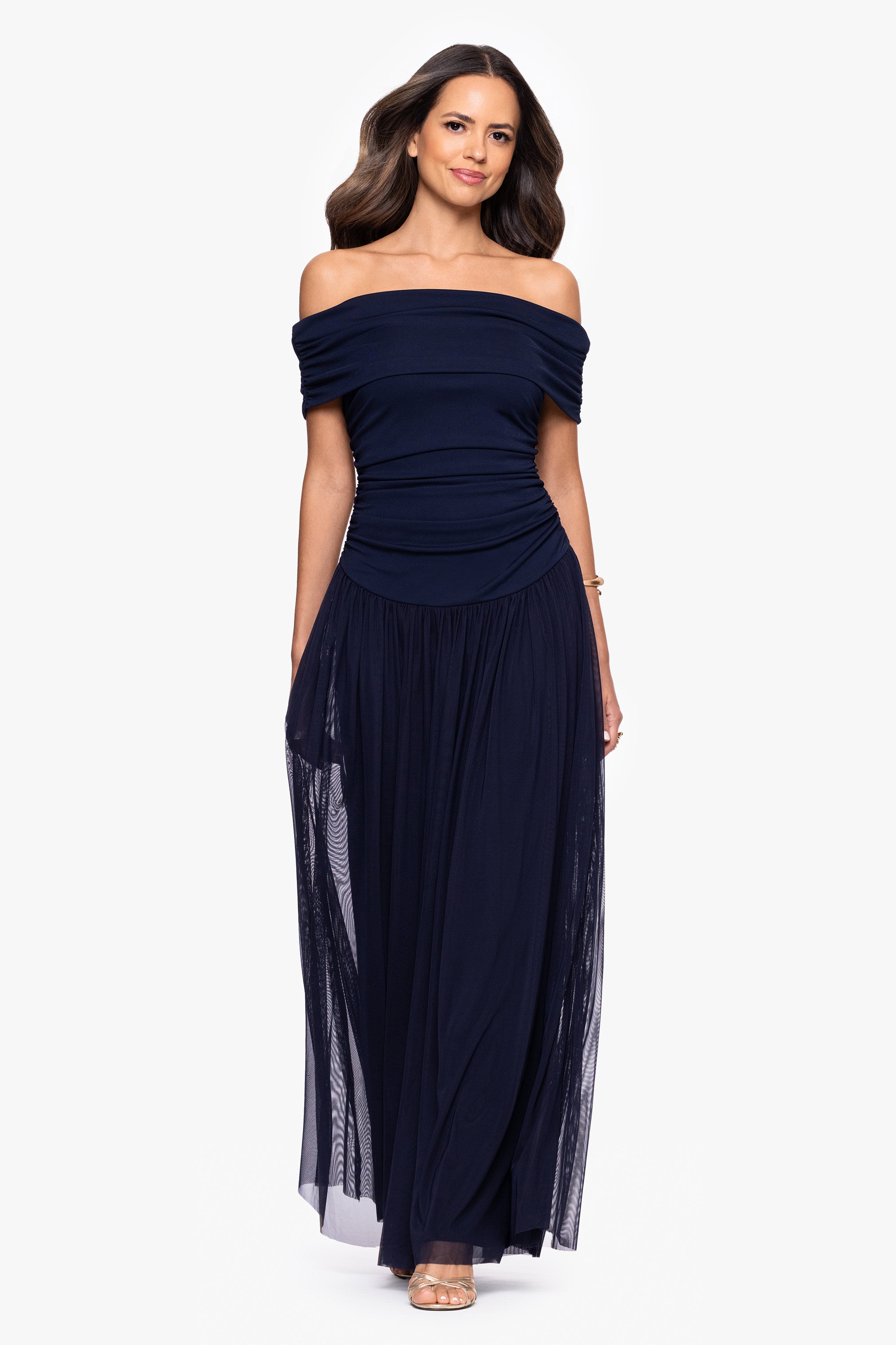 "Moraya" Jersey Off the Shoulder Rouched Floor Length Dress