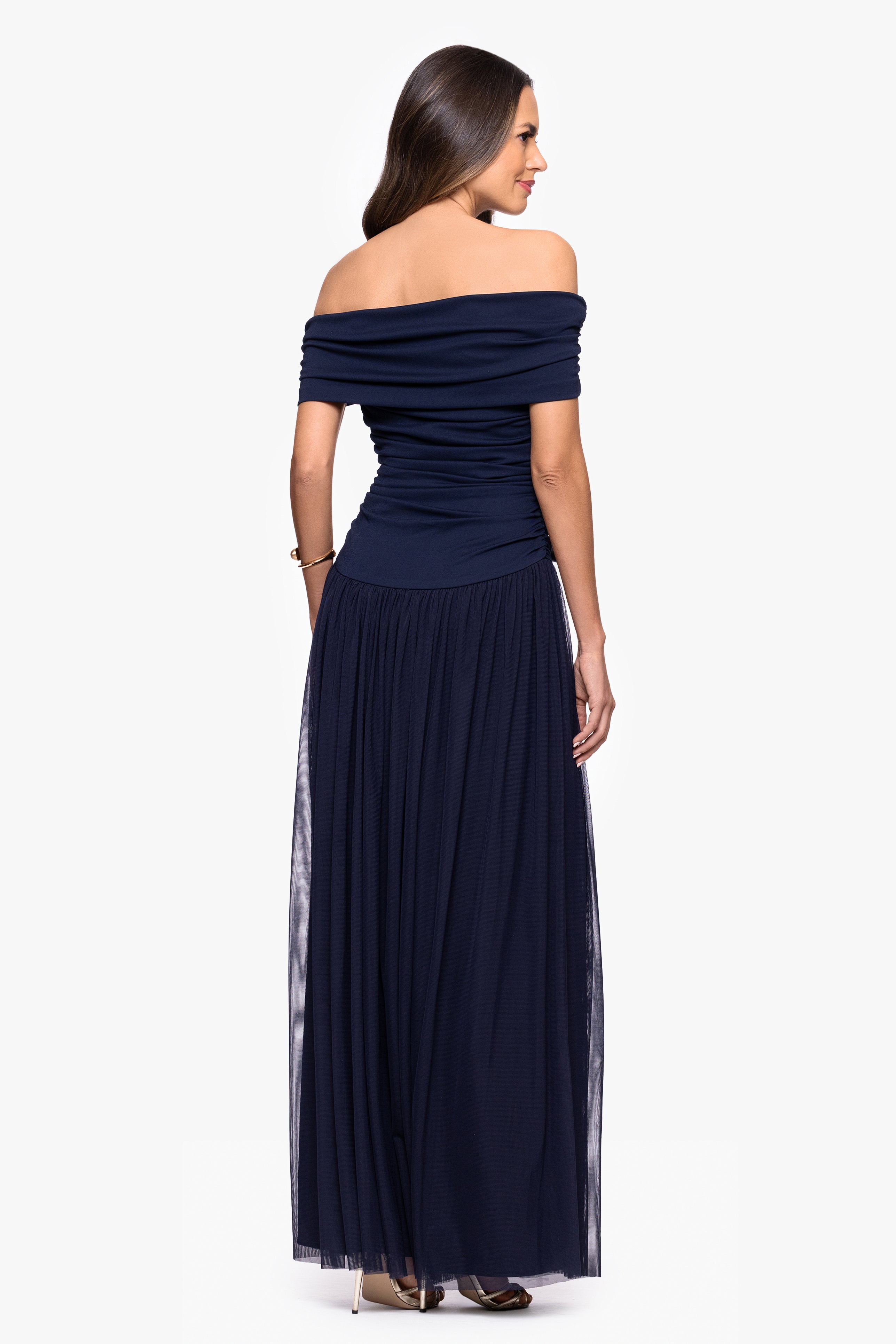 "Moraya" Jersey Off the Shoulder Rouched Floor Length Dress
