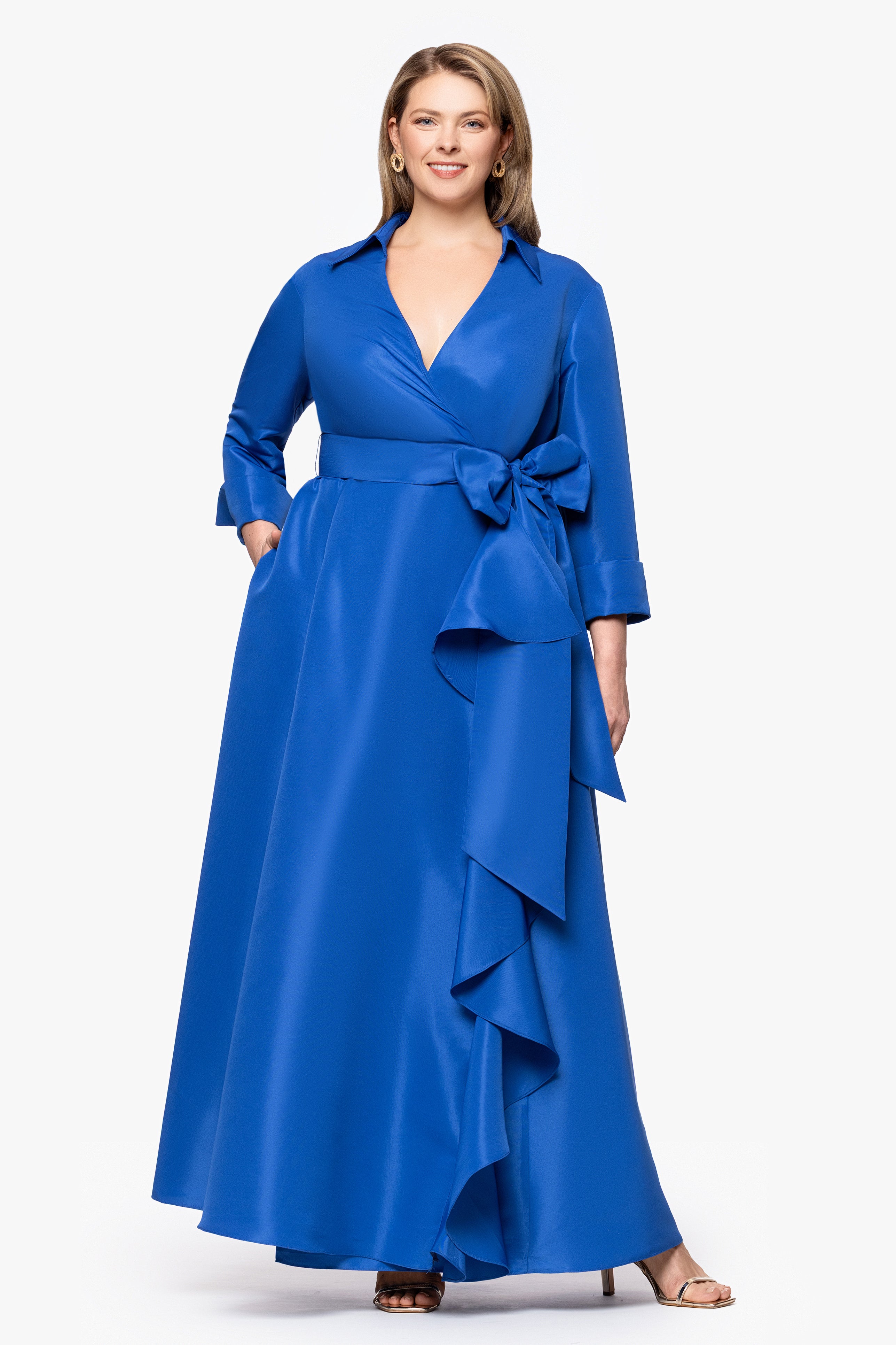 Plus "Beverly" Taffeta 3/4 Sleeve V-Neck A-Line Bow and Ruffle Floor Length Dress