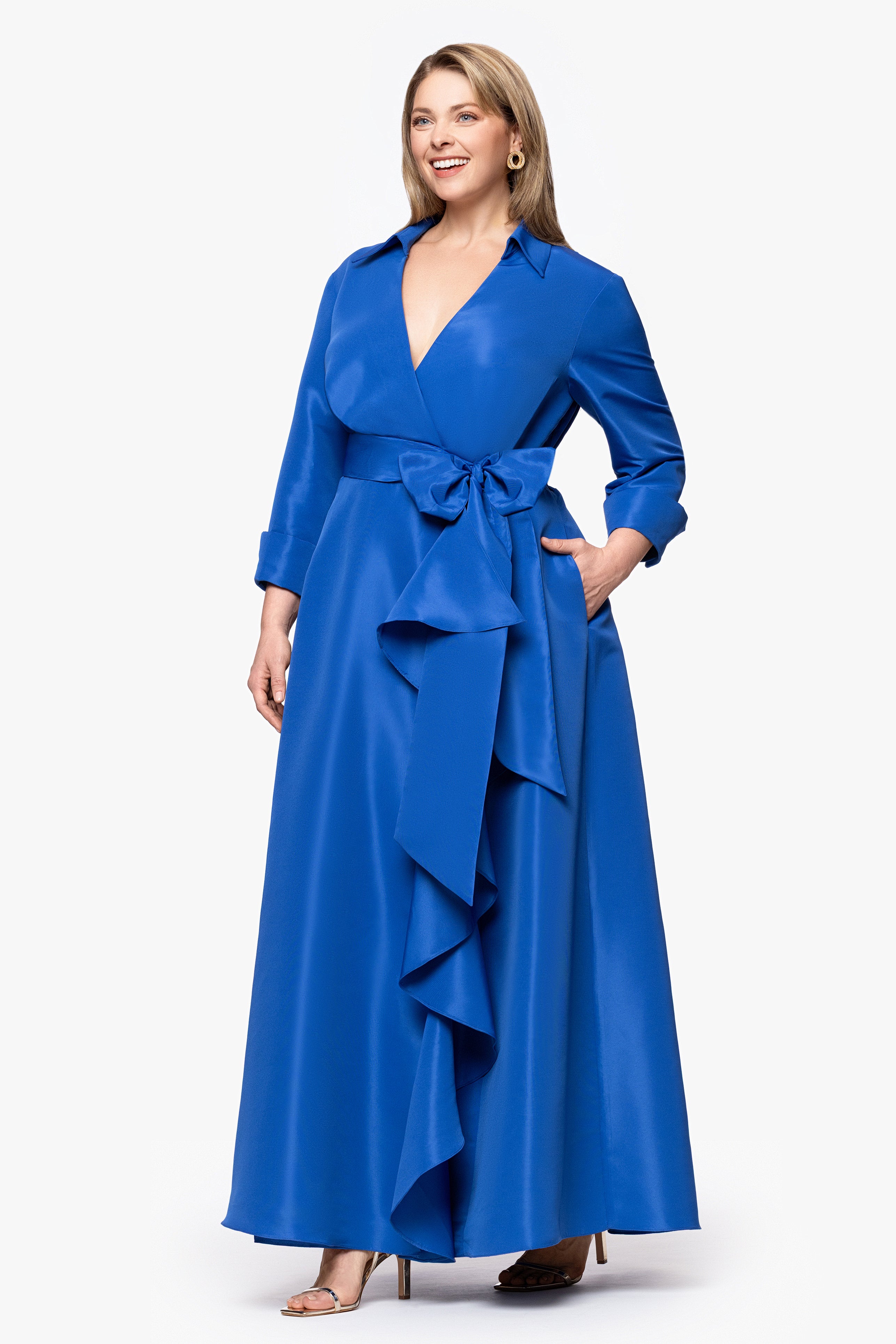 Plus "Beverly" Taffeta 3/4 Sleeve V-Neck A-Line Bow and Ruffle Floor Length Dress