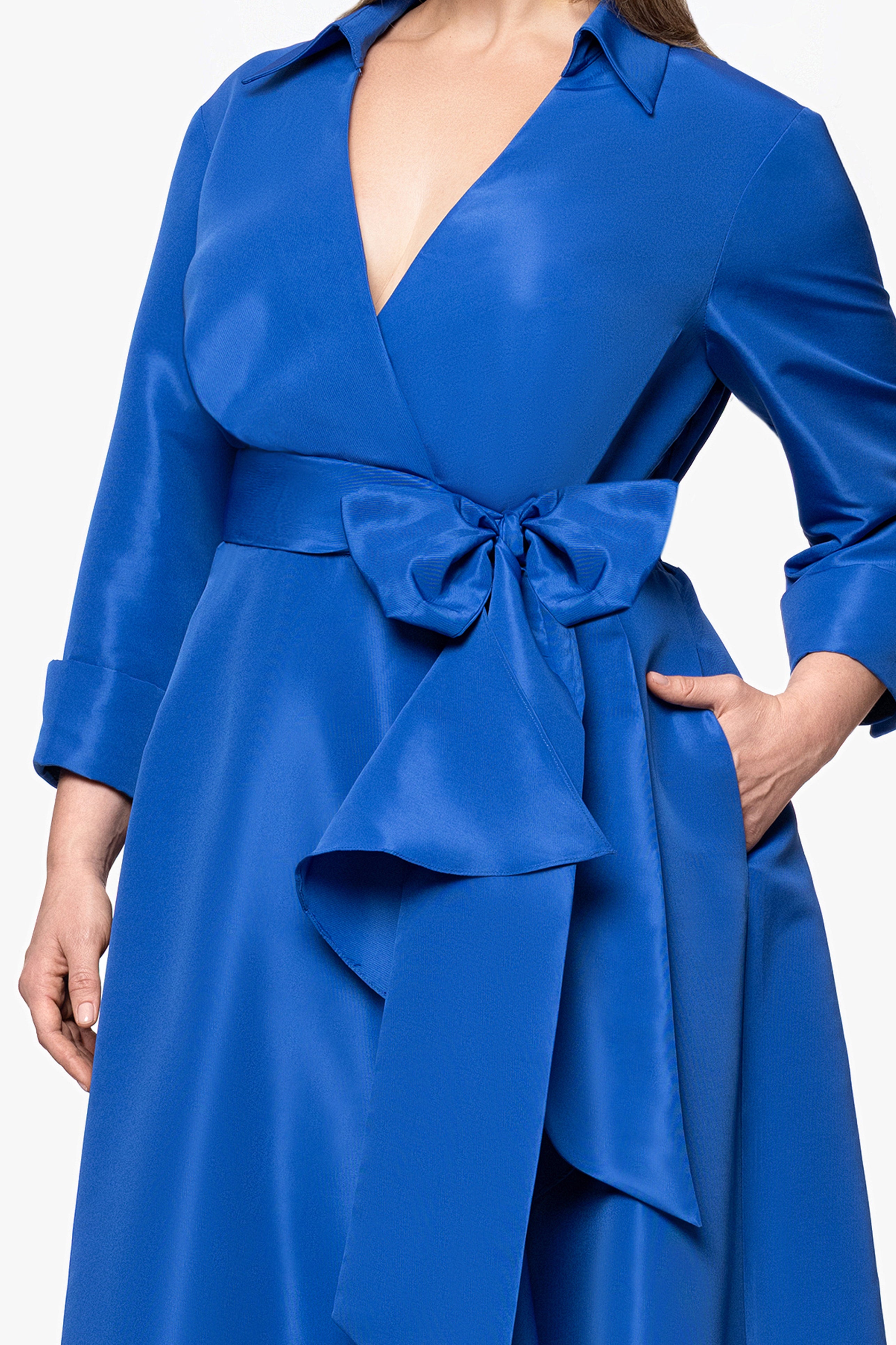 Plus "Beverly" Taffeta 3/4 Sleeve V-Neck A-Line Bow and Ruffle Floor Length Dress