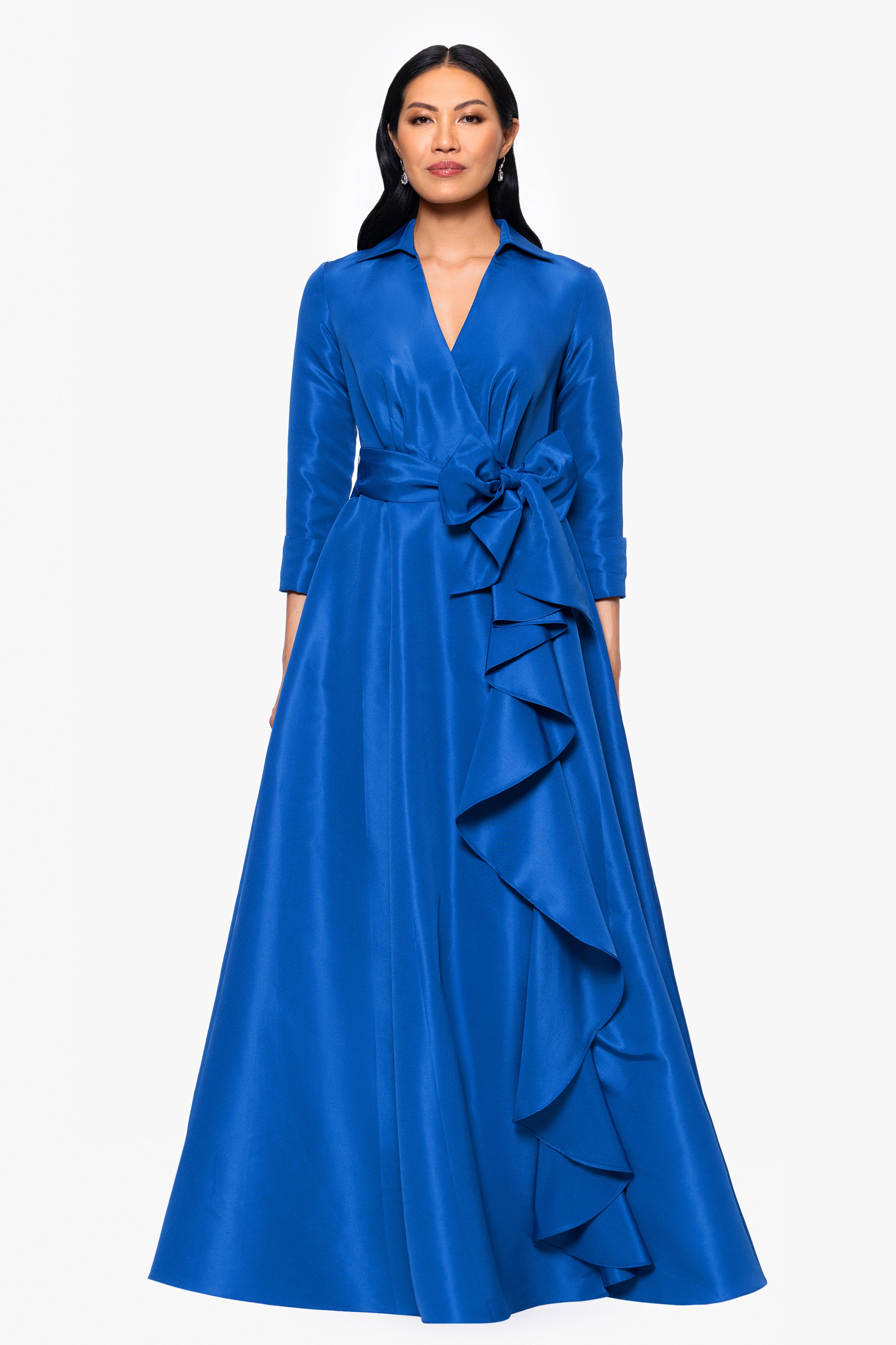 "Beverly" Taffeta 3/4 Sleeve V-Neck A-Line Bow and Ruffle Floor Length Dress