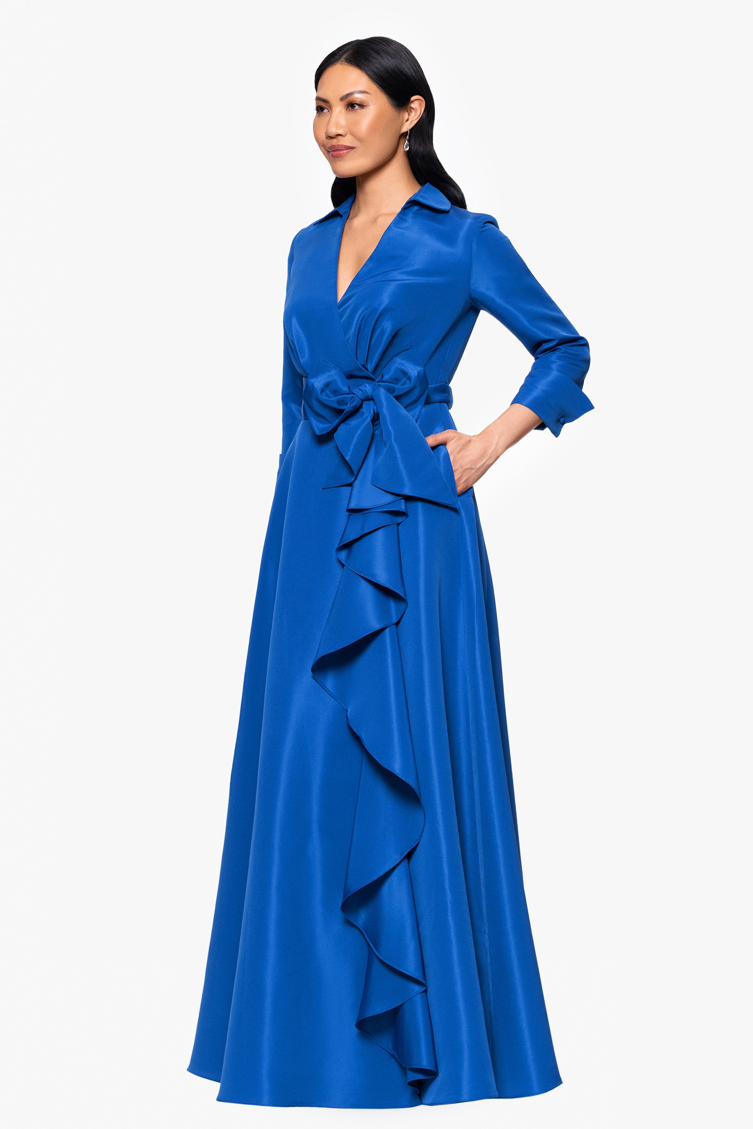 "Beverly" Taffeta 3/4 Sleeve V-Neck A-Line Bow and Ruffle Floor Length Dress