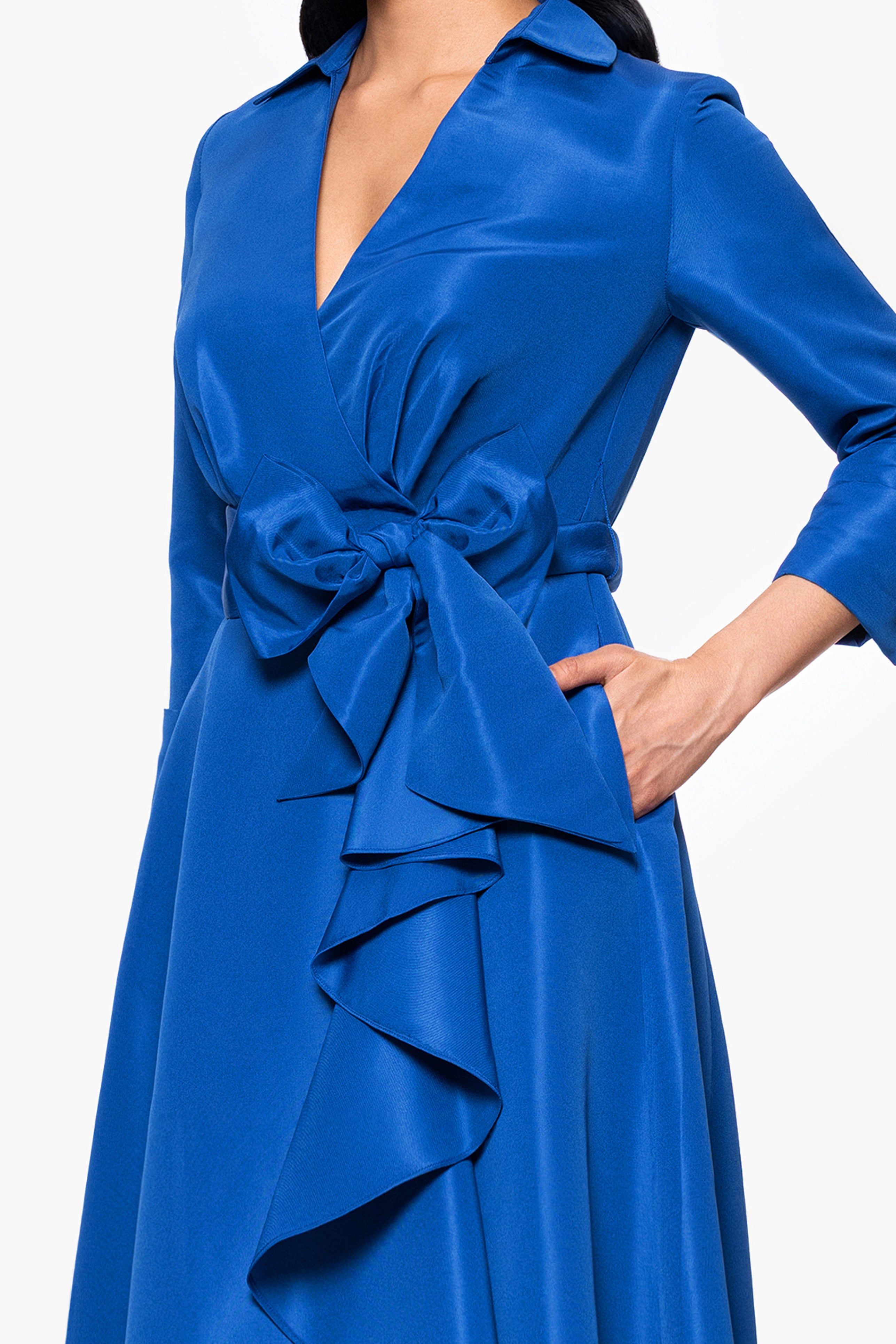 "Beverly" Taffeta 3/4 Sleeve V-Neck A-Line Bow and Ruffle Floor Length Dress