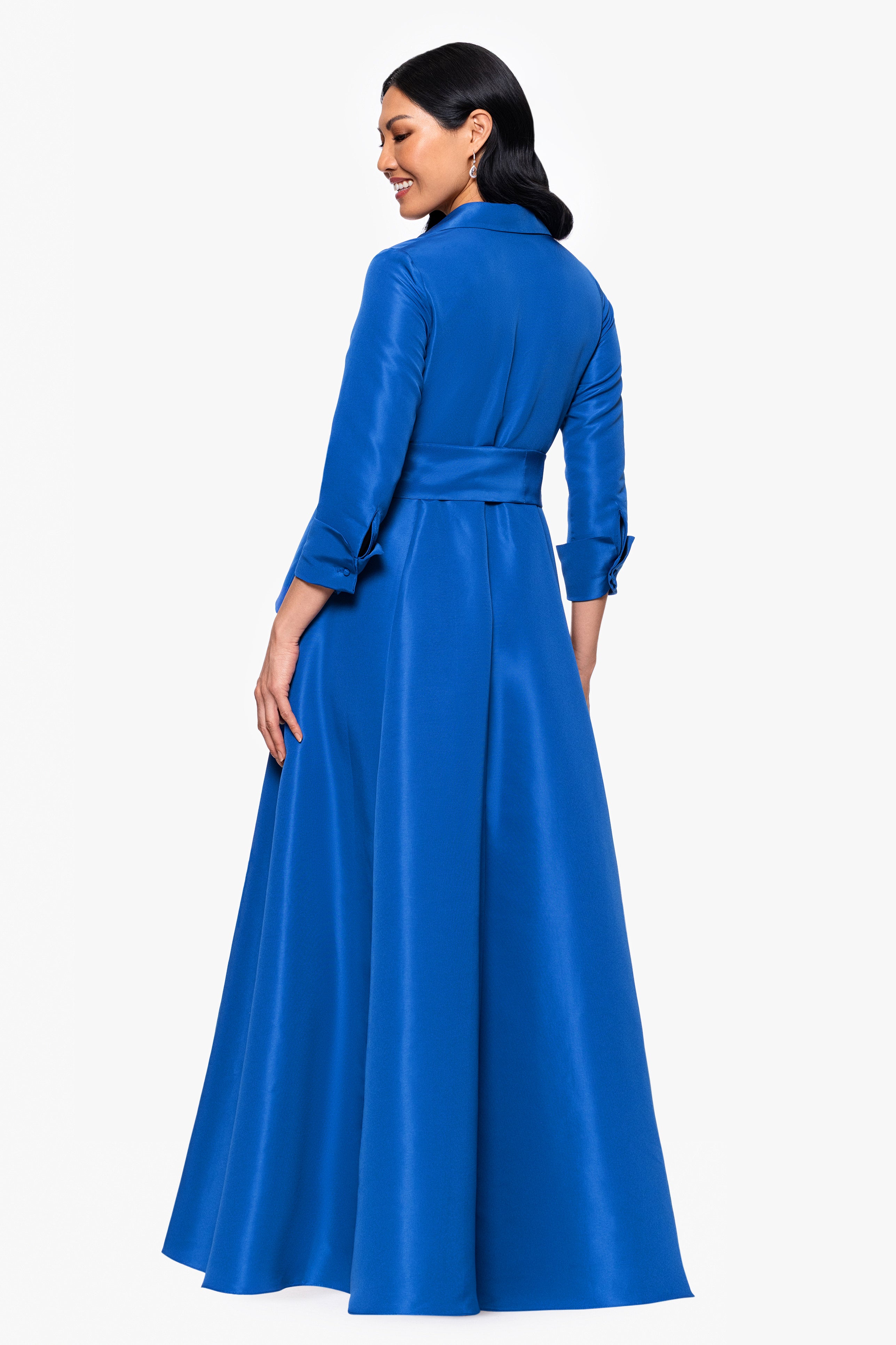 "Beverly" Taffeta 3/4 Sleeve V-Neck A-Line Bow and Ruffle Floor Length Dress