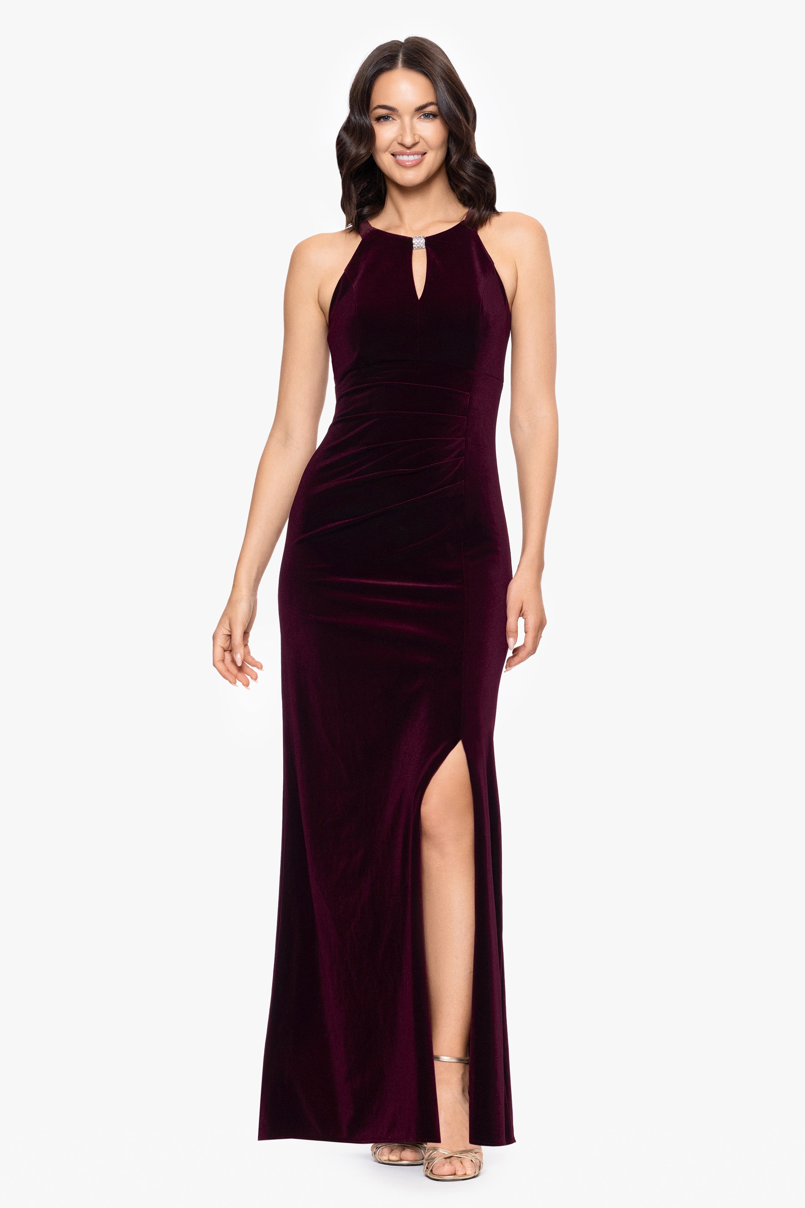 "Lucielle" Velvet Emellished Keyhole Neck Floor Length Dress