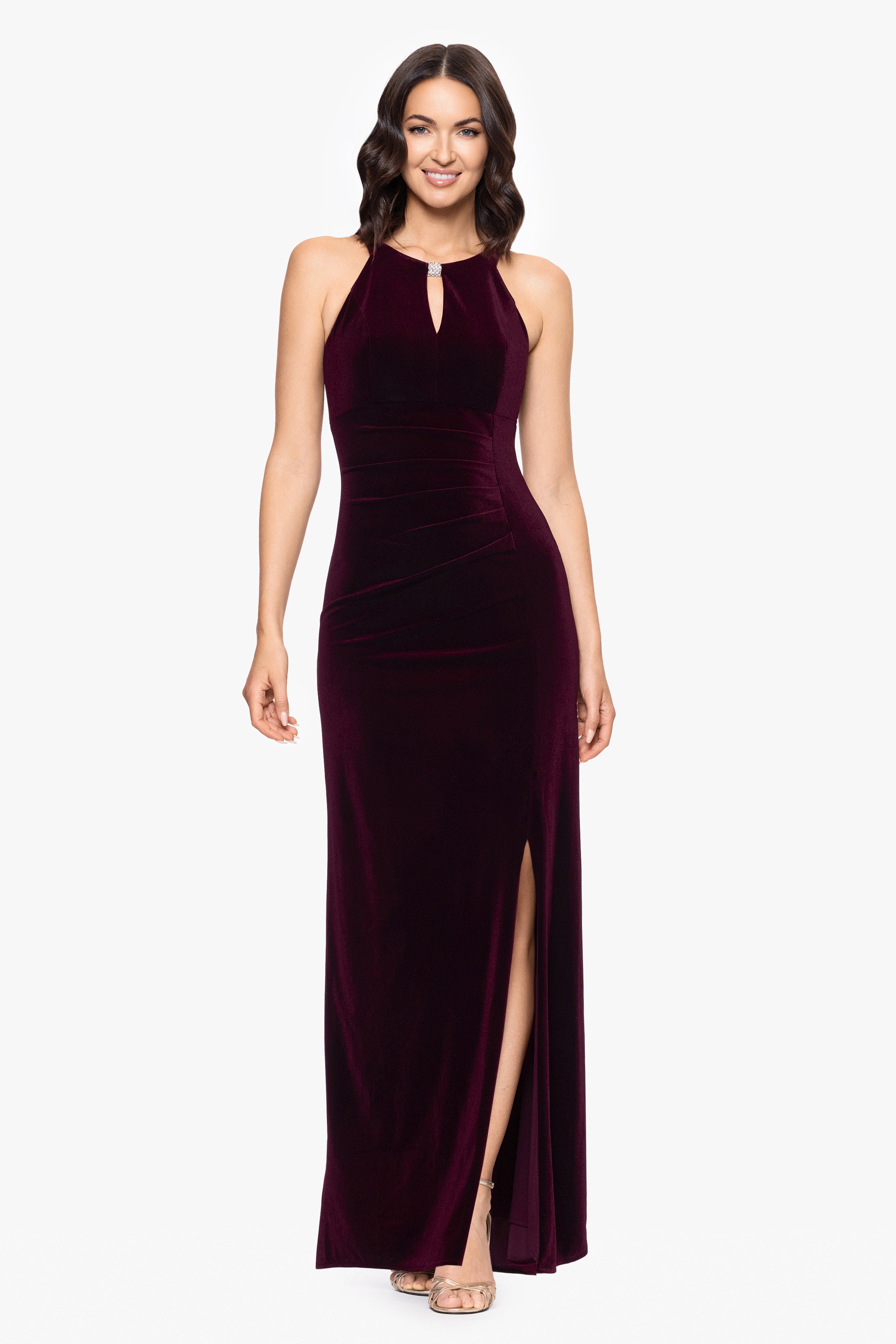 "Lucielle" Velvet Emellished Keyhole Neck Floor Length Dress