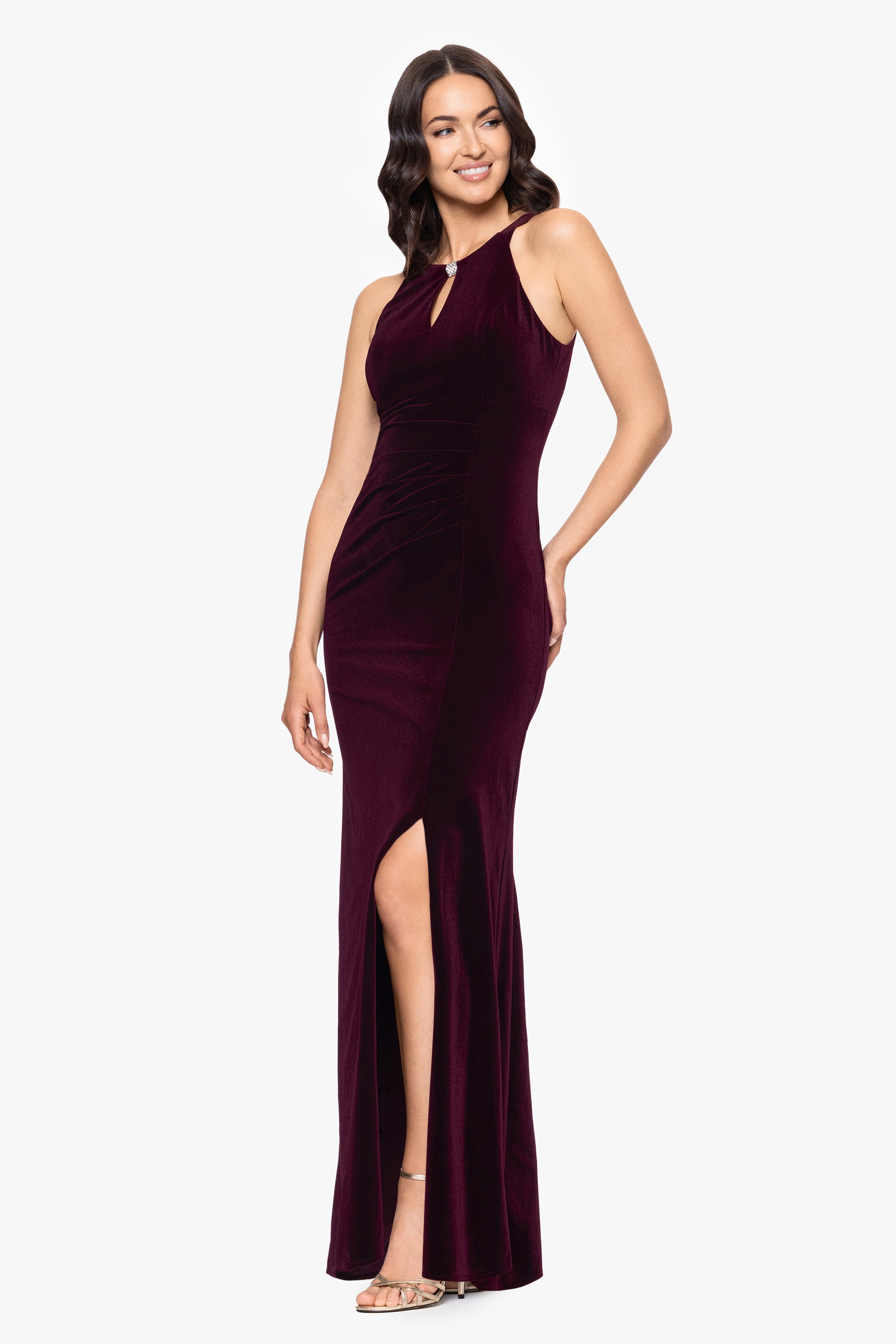 "Lucielle" Velvet Emellished Keyhole Neck Floor Length Dress